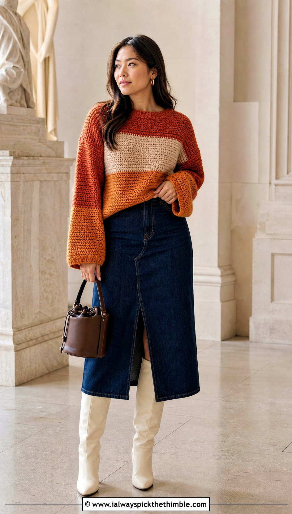 Color Block Rectangle Crochet Sweater With Denim Midi Skirt - 15 Rectangle Crochet Sweater outfit ideas
