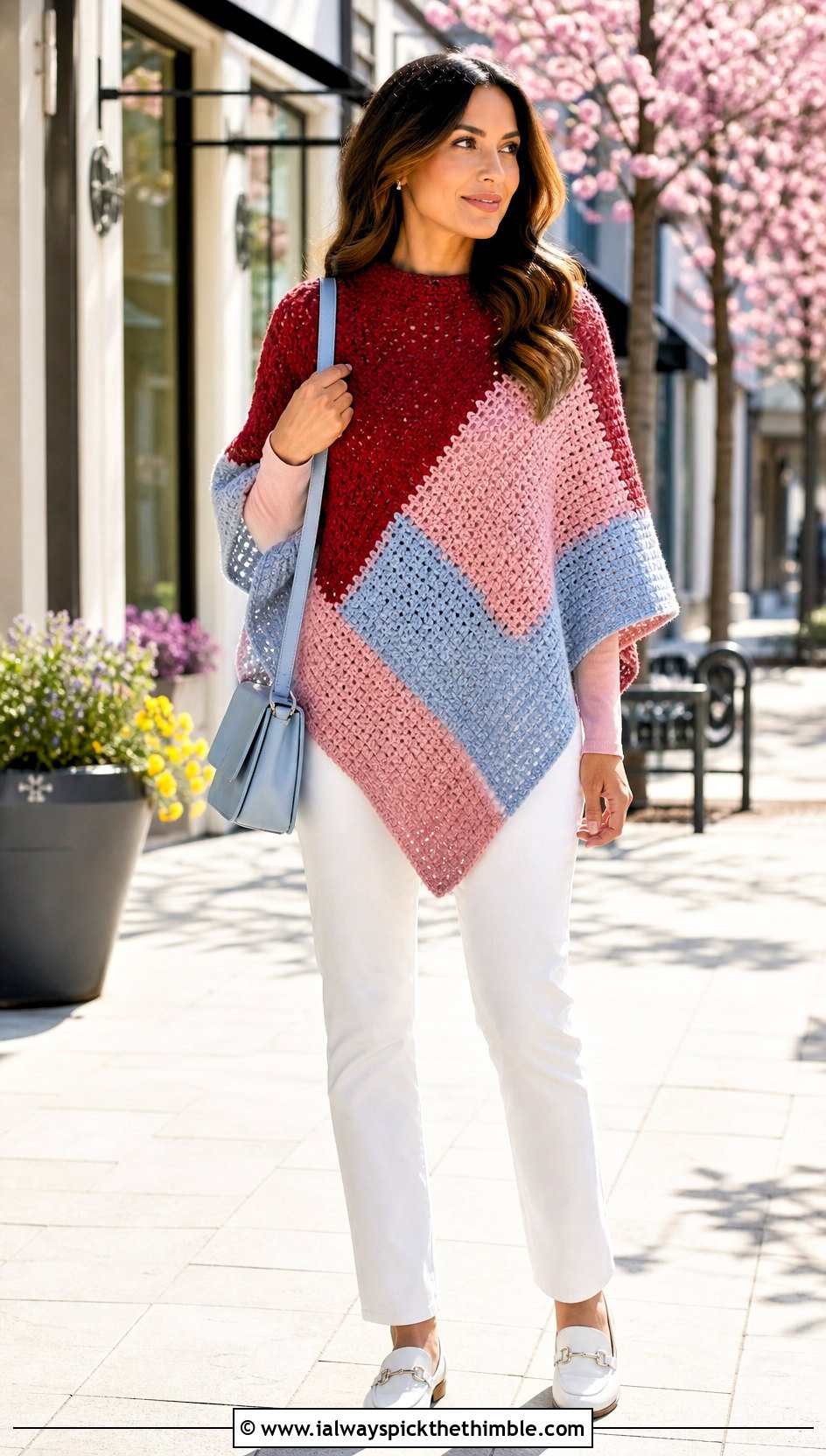 Color Block Rectangle Poncho With White Jeans - 20 crochet rectangle poncho outfit ideas