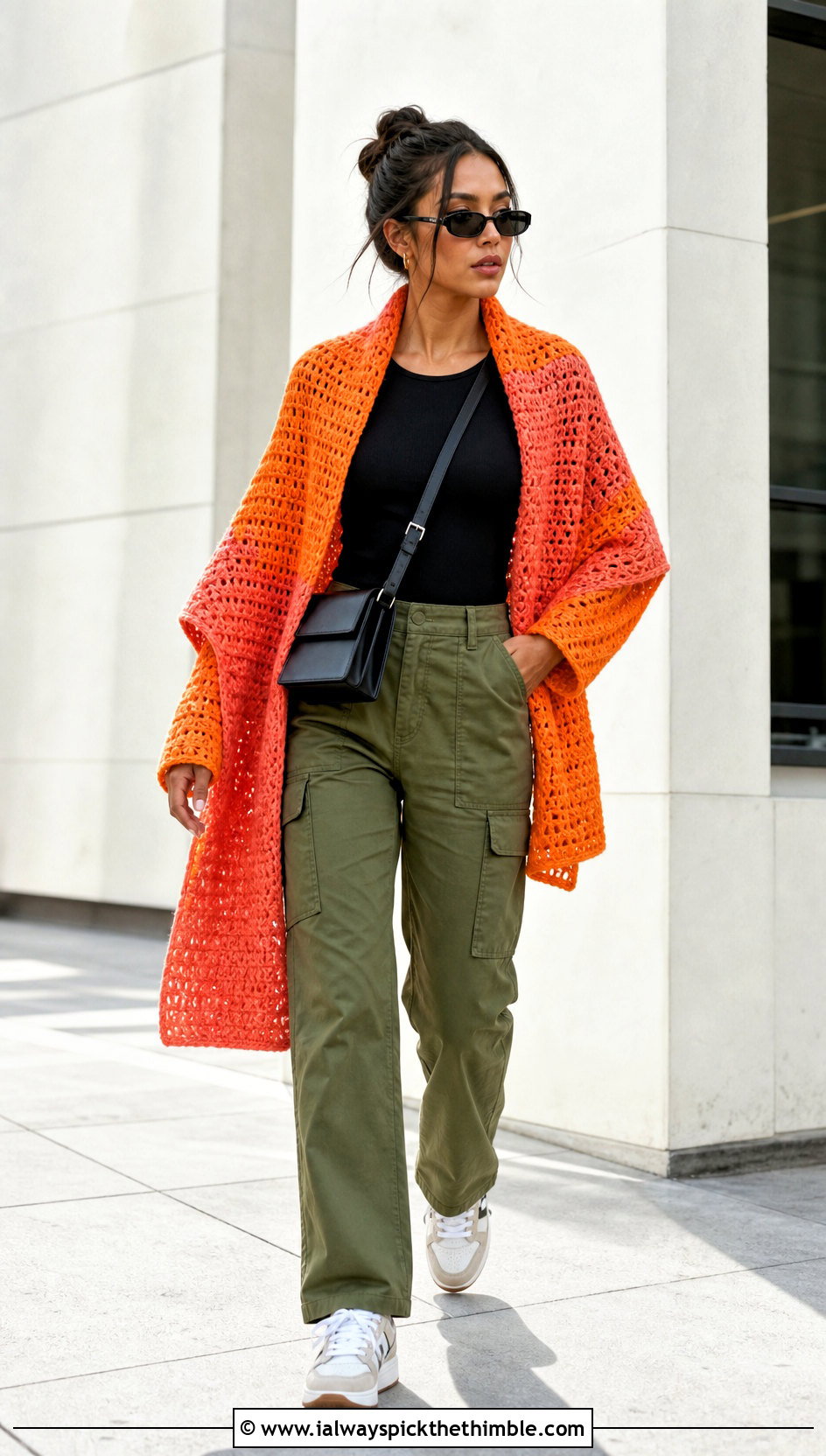 Color Block Rectangular Crochet Shawl With Cargo Pants - 20 rectangular crochet shawls outfit ideas
