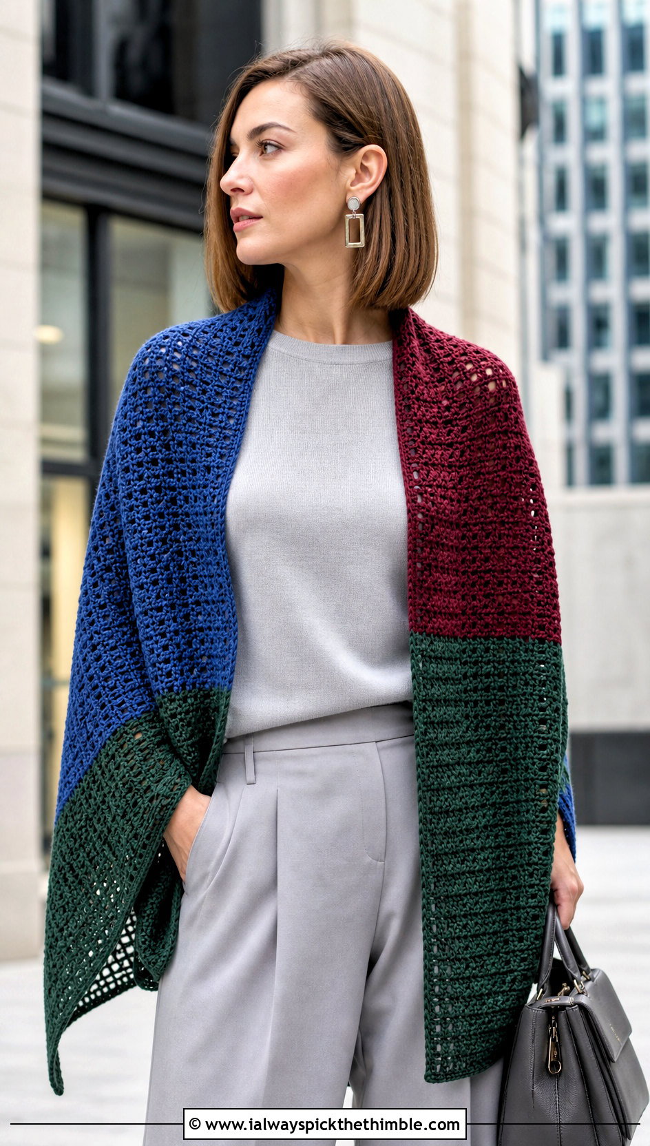 Color Block Rectangular Shawl With Monochrome Outfit - 20 crochet rectangular shawl outfit ideas