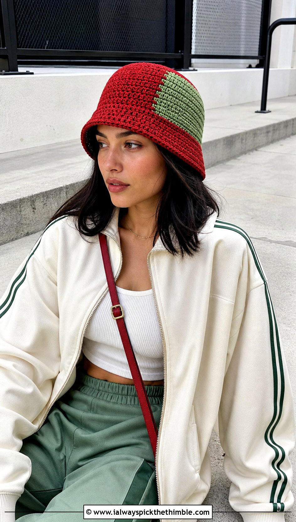 Color Block Red Crochet Bucket Hat With Track Jacket - 20 red crochet bucket hat outfit ideas