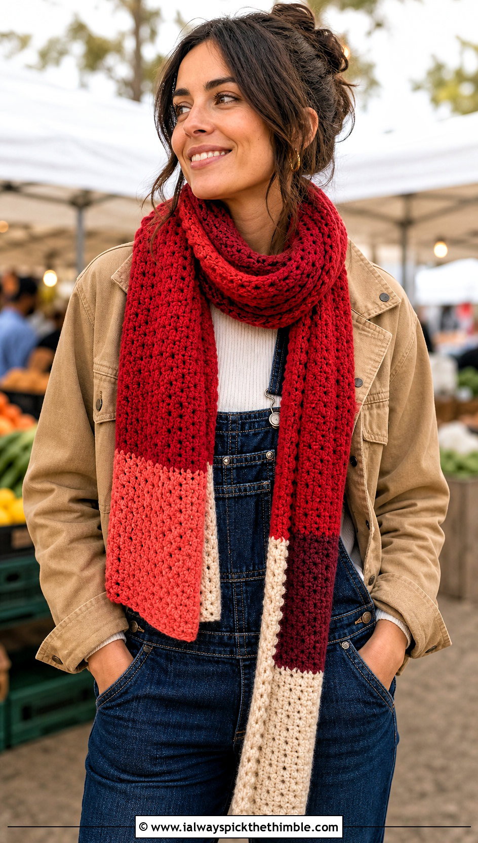 Color Block Red Crochet Scarf With Overalls - 20 taylor swift red crochet scarf outfit ideas