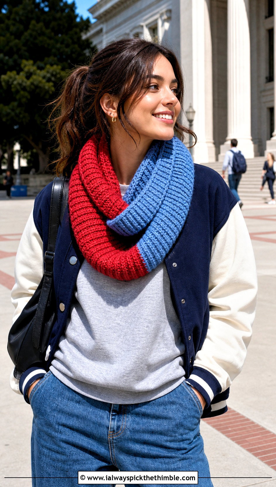 Color Block Ribbed Cowl With Varsity Jacket - 20 Crochet Ribbed Cowl outfit ideas