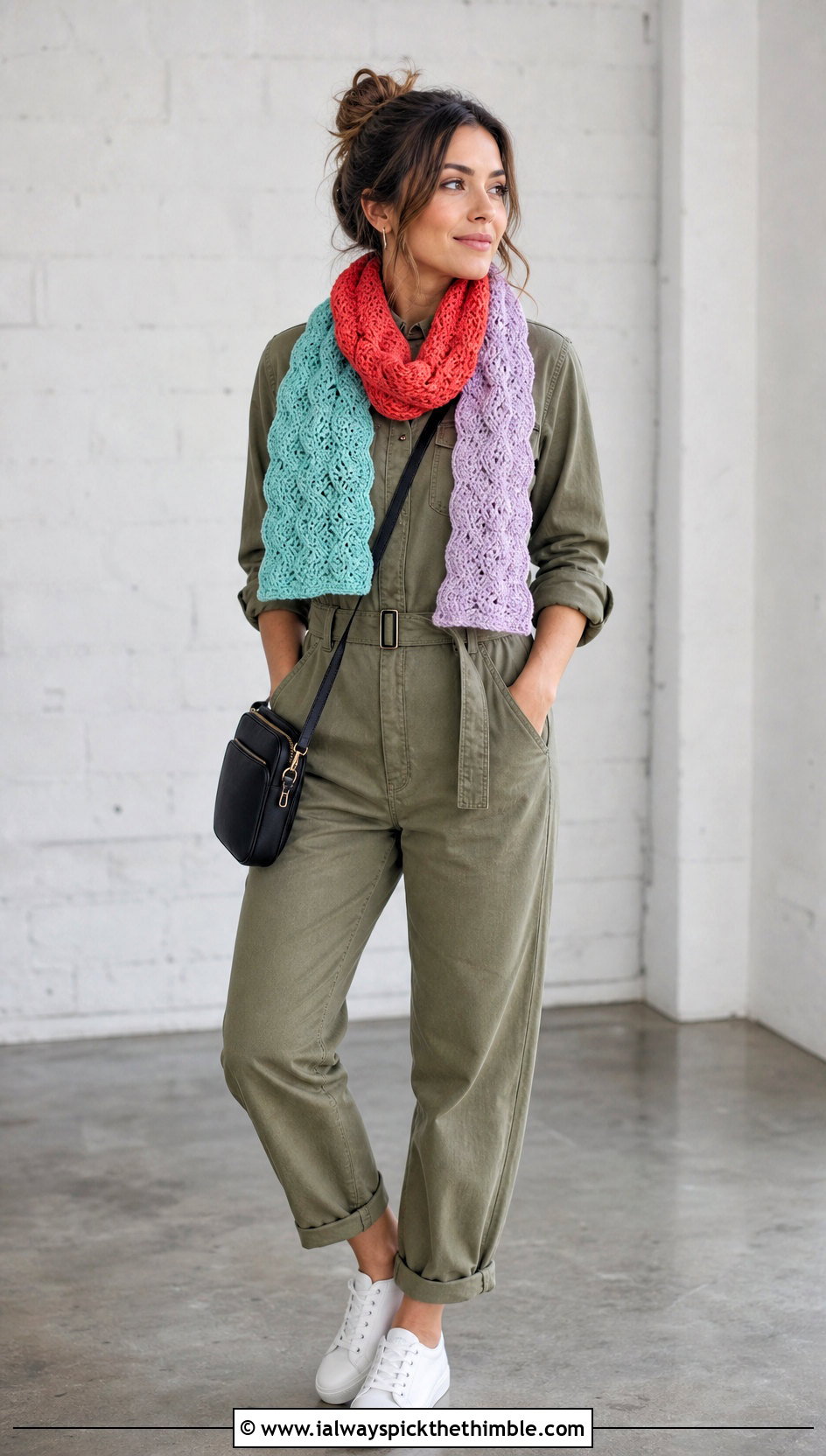 Color Block Ripple Stitch Crochet Scarf With Utility Jumpsuit And Sneakers - 15 ripple stitch crochet scarf outfit ideas