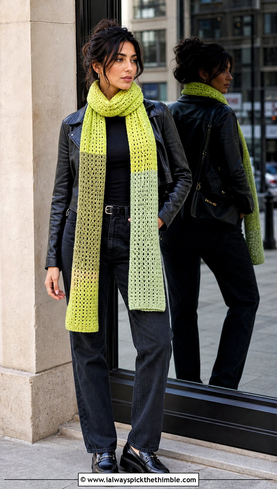 Color Block Roll Up Scarf With Leather Jacket And Black Jeans - 20 Crochet Roll Up Scarf outfit ideas