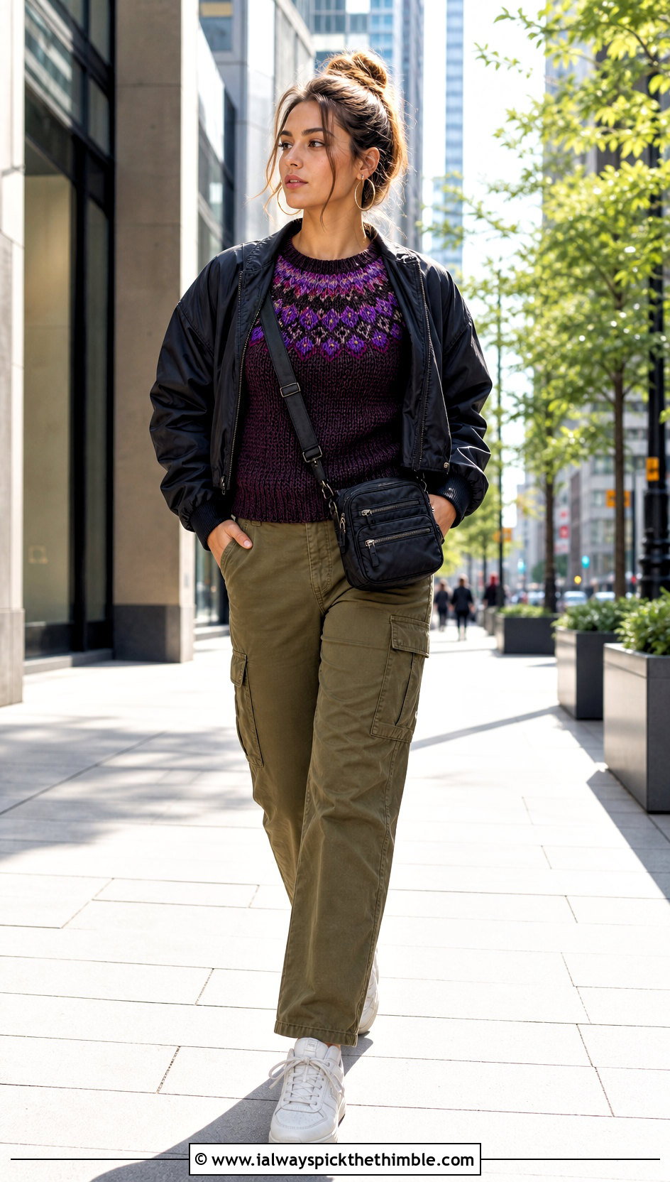 Color Block Round Yoke Crochet Sweater With Cargo Pants - 15 crochet round sweater outfit ideas