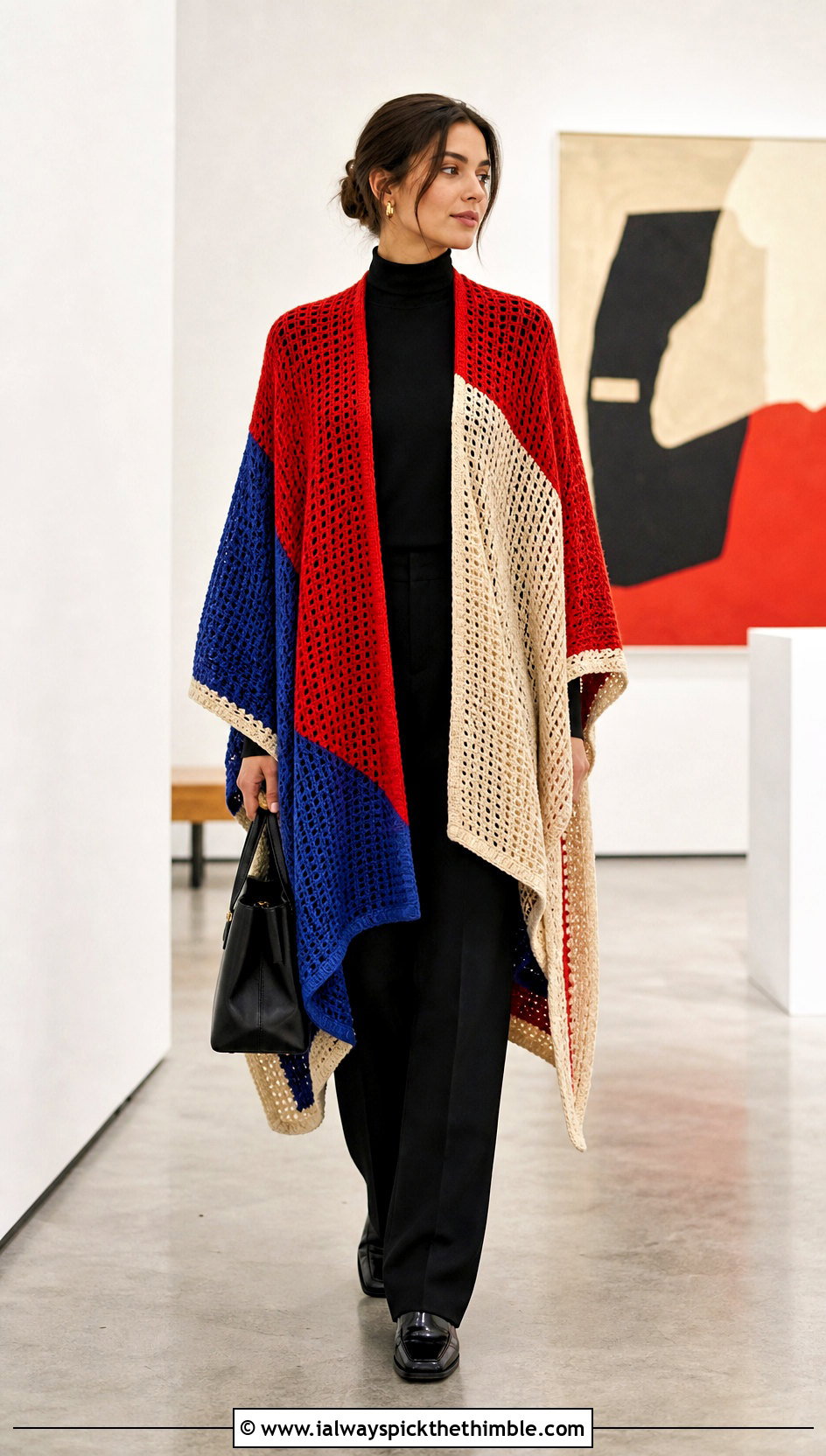 Color Block Ruana Crochet Poncho With Column Outfit - 20 Beginner Crochet Poncho outfit ideas