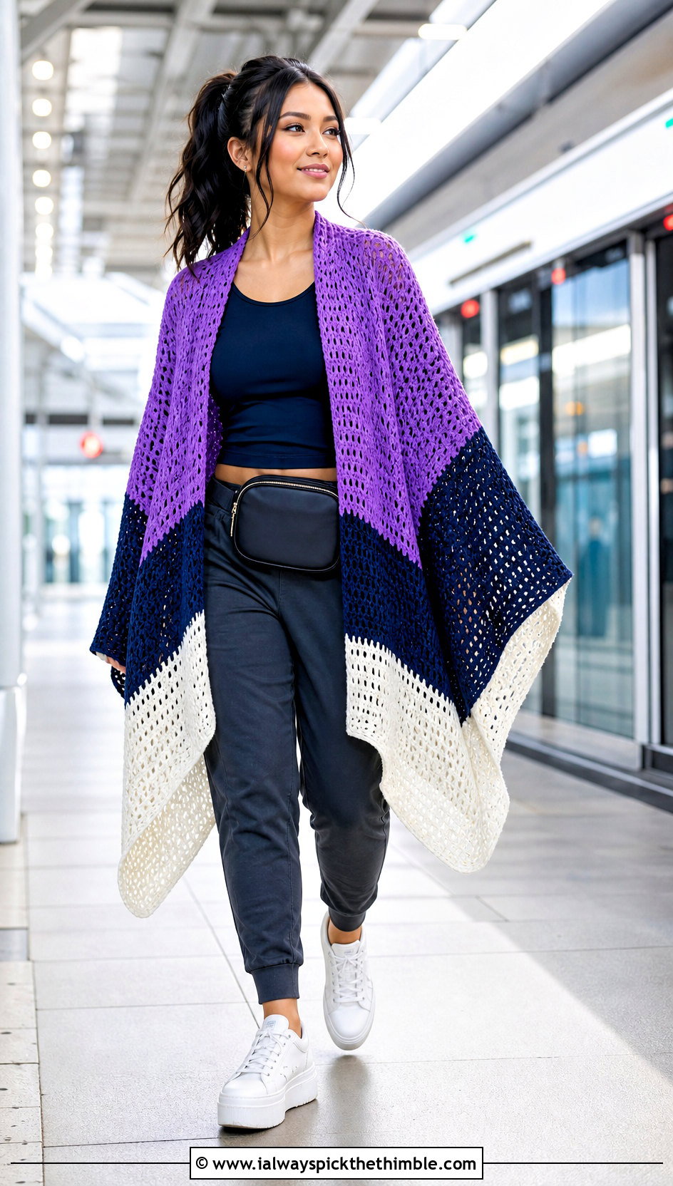 Color Block Ruana Crochet Poncho With Track Pants - 20 woman winter crochet poncho outfit ideas