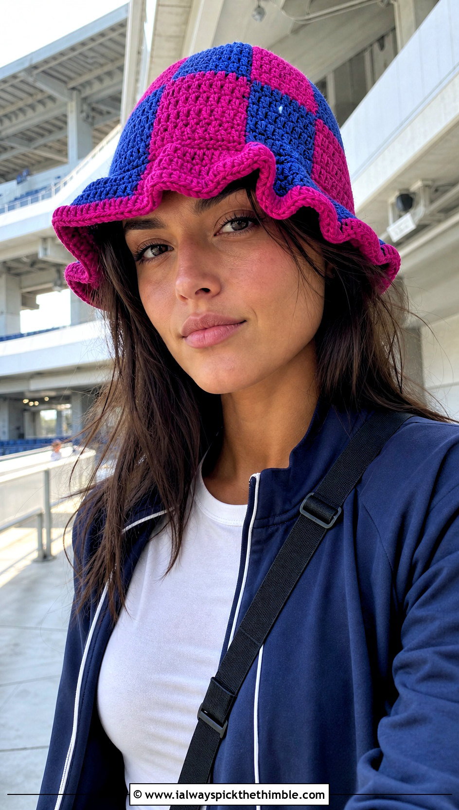 Color Block Ruffle Crochet Hat With Track Jacket - 25 ruffled crochet hat outfit ideas