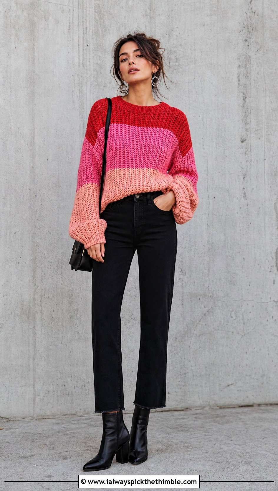 Color Block Rustic Crochet Sweater With Black Jeans - 15 Rustic Crochet Sweater outfit ideas