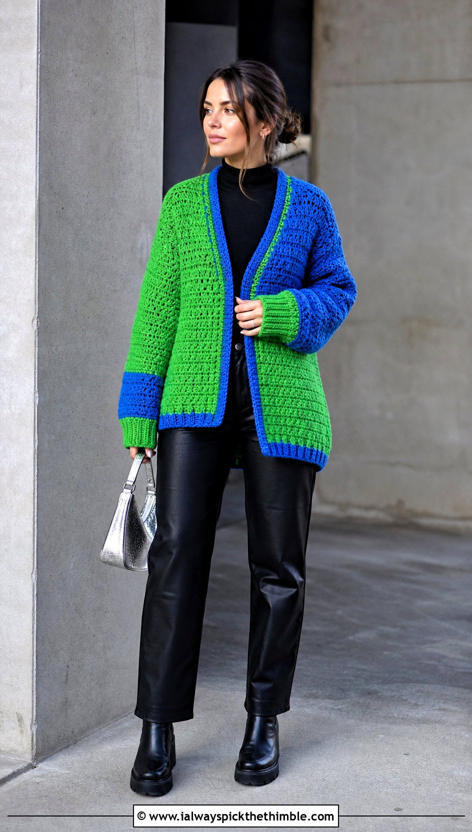 Color Block Sally Cardigan With Leather Pants - 20 Crochet Sally Cardigan outfit ideas