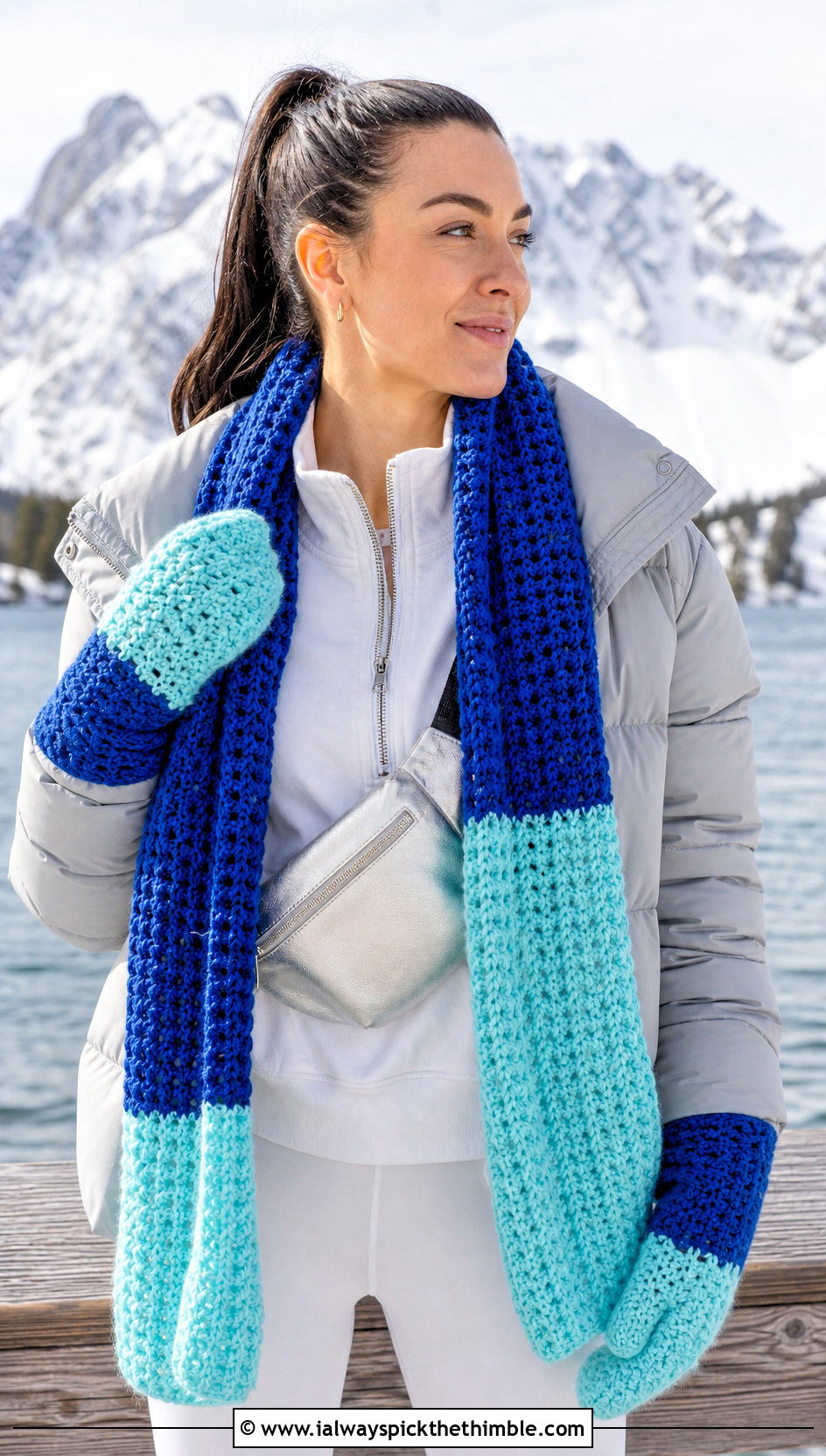 Color Block Scarf And Mittens With Track Pants - 15 Crochet Scarf And Mittens Set outfit ideas
