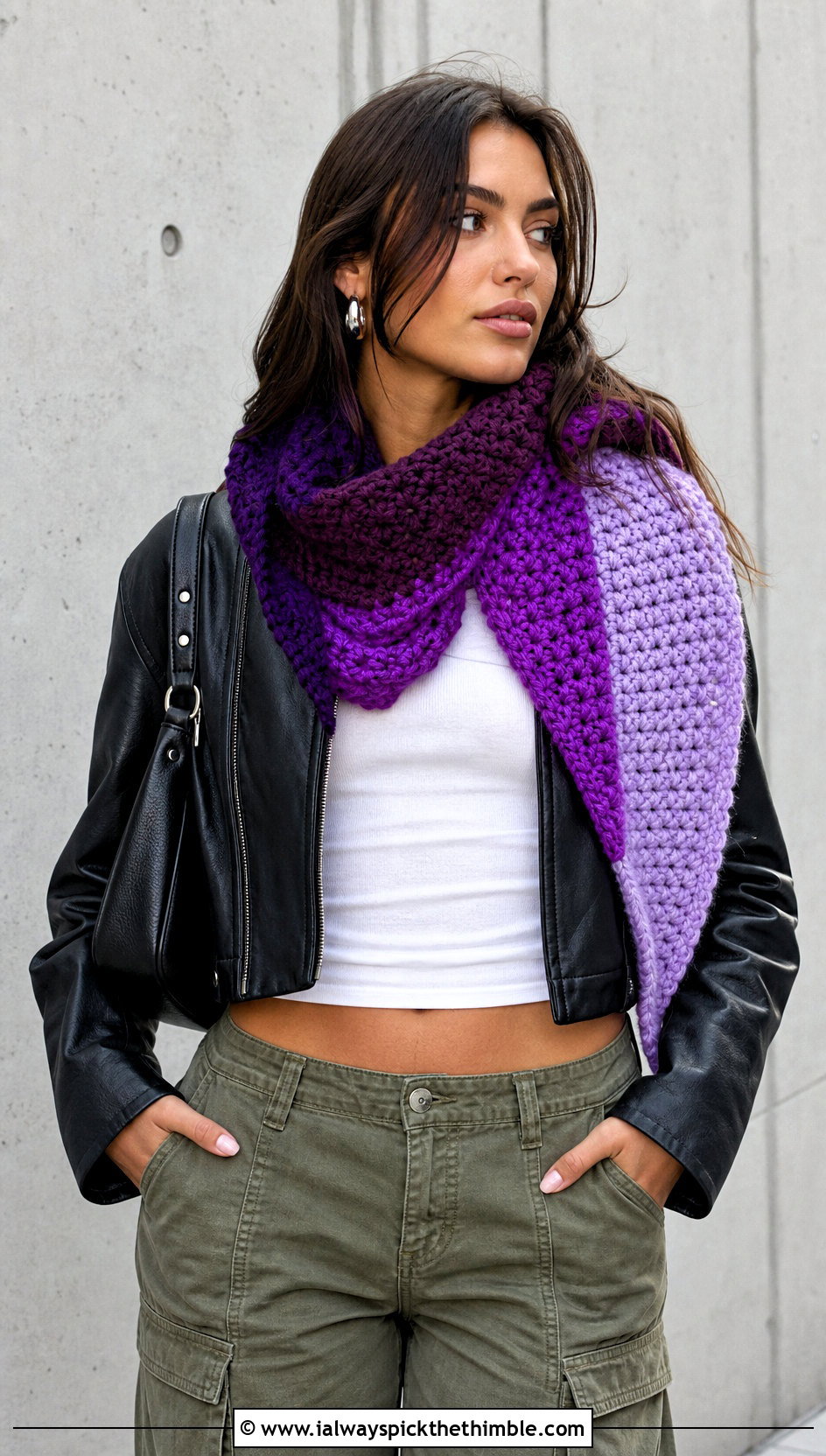 Color Block Scoodie With Leather Jacket - 20 Crochet Hoodie Scarf outfit ideas