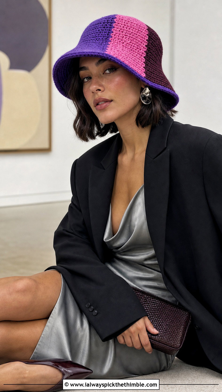 Color Block Scrap Bucket Hat With Satin Slip Dress - 15 Scrap Happy Crochet Bucket Hat outfit ideas
