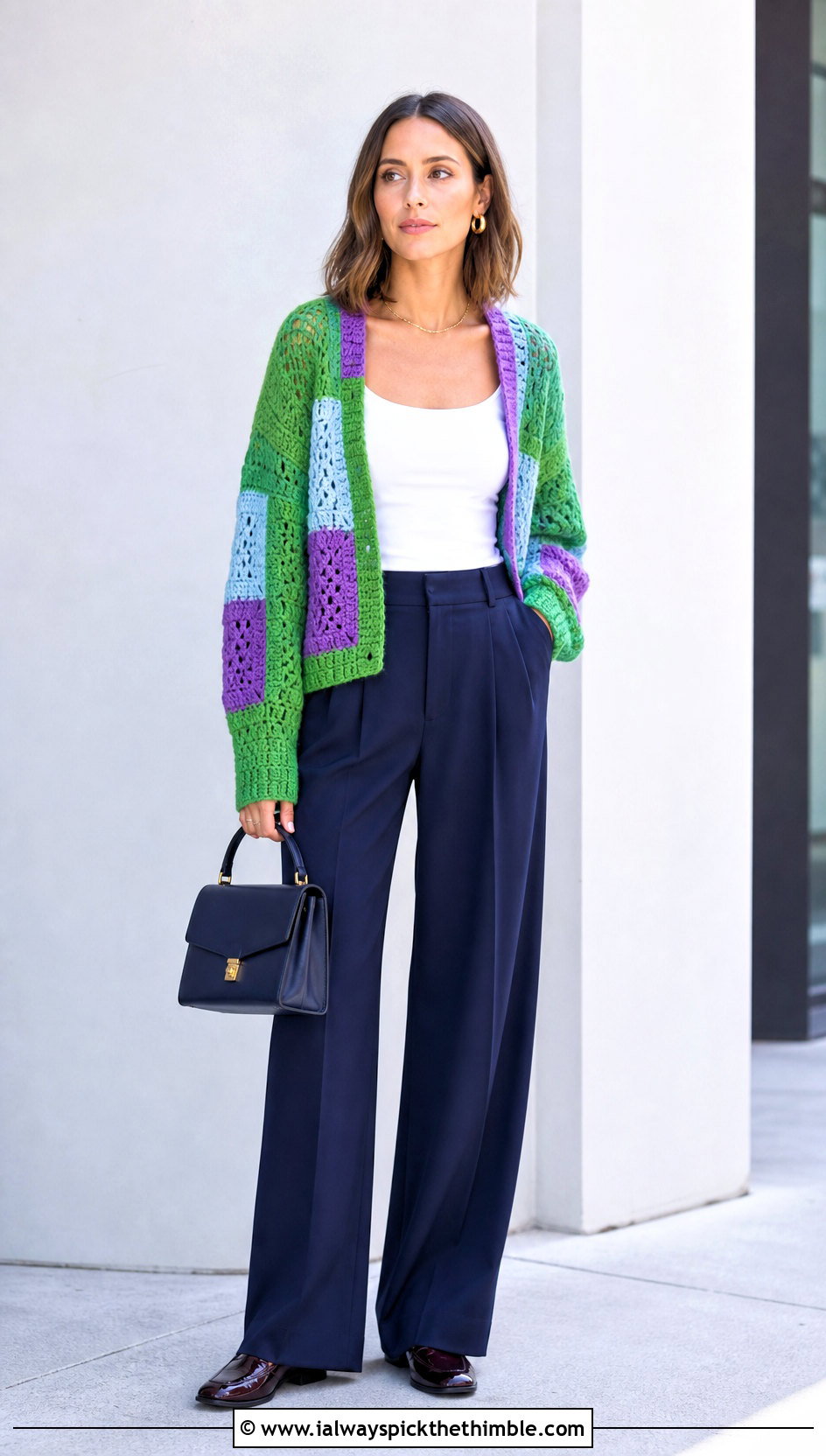 Color Block Scrap Cardigan With Pleated Trousers - 15 Crochet Scrap Cardigan outfit ideas