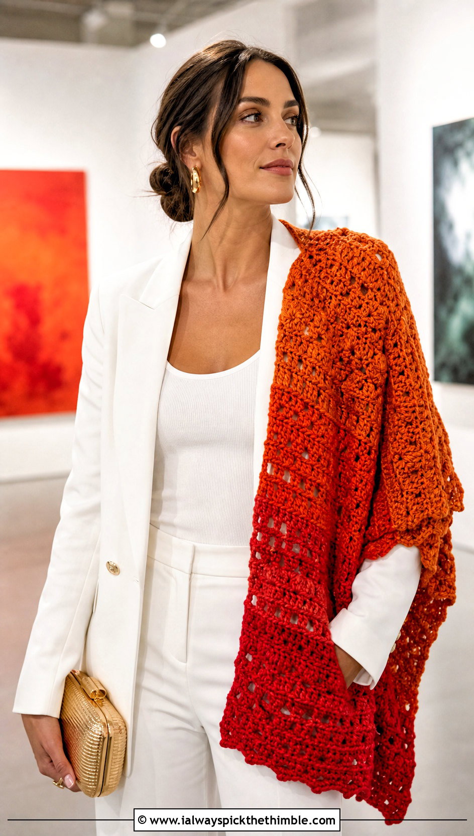 Color Block Shawl In A Cake With White Trouser Suit - 20 Crochet Shawl In A Cake outfit ideas
