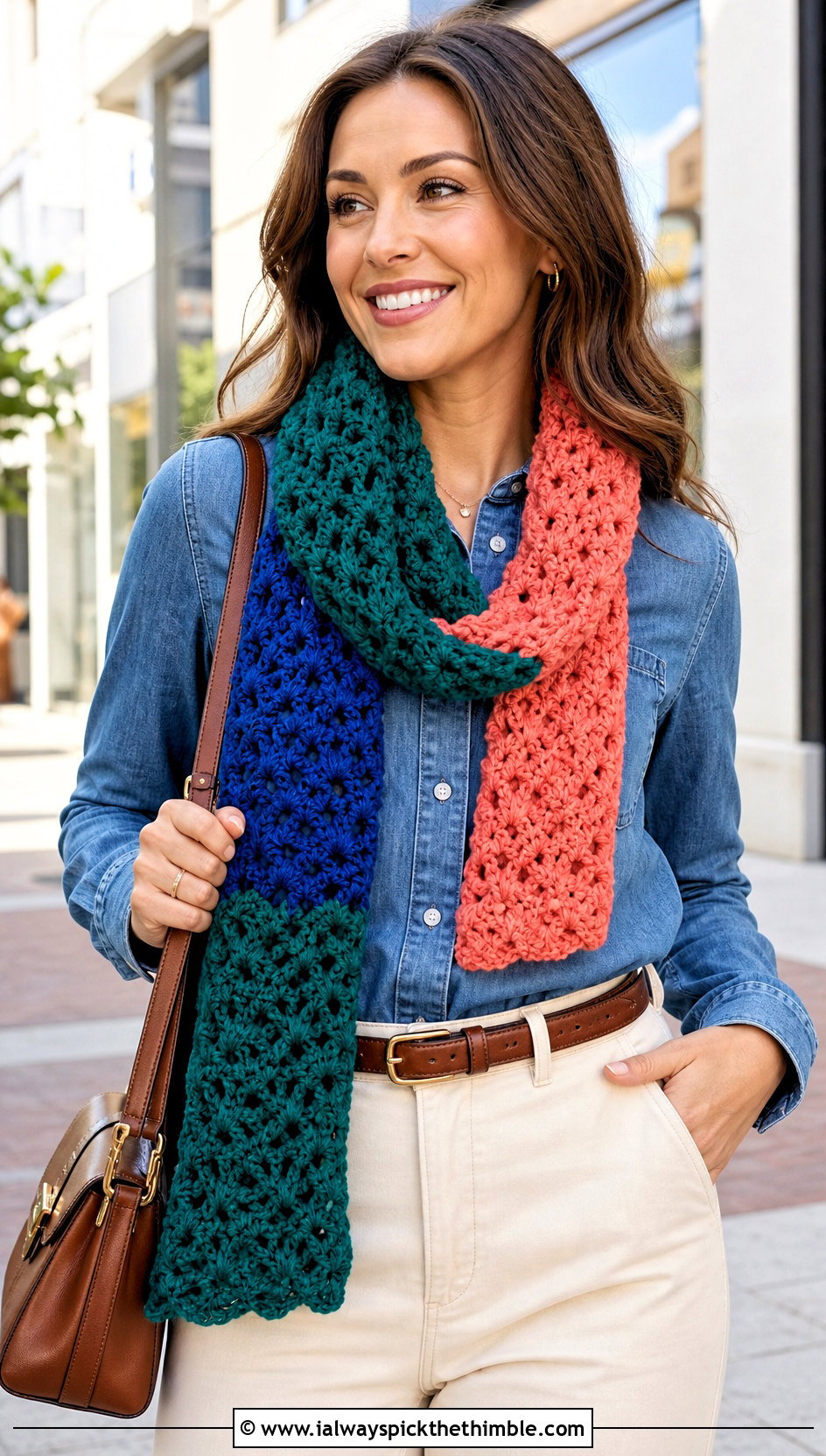 Color Block Shell Stitch Scarf With Denim Shirt And White Pants - 20 Shell Crochet Scarf outfit ideas