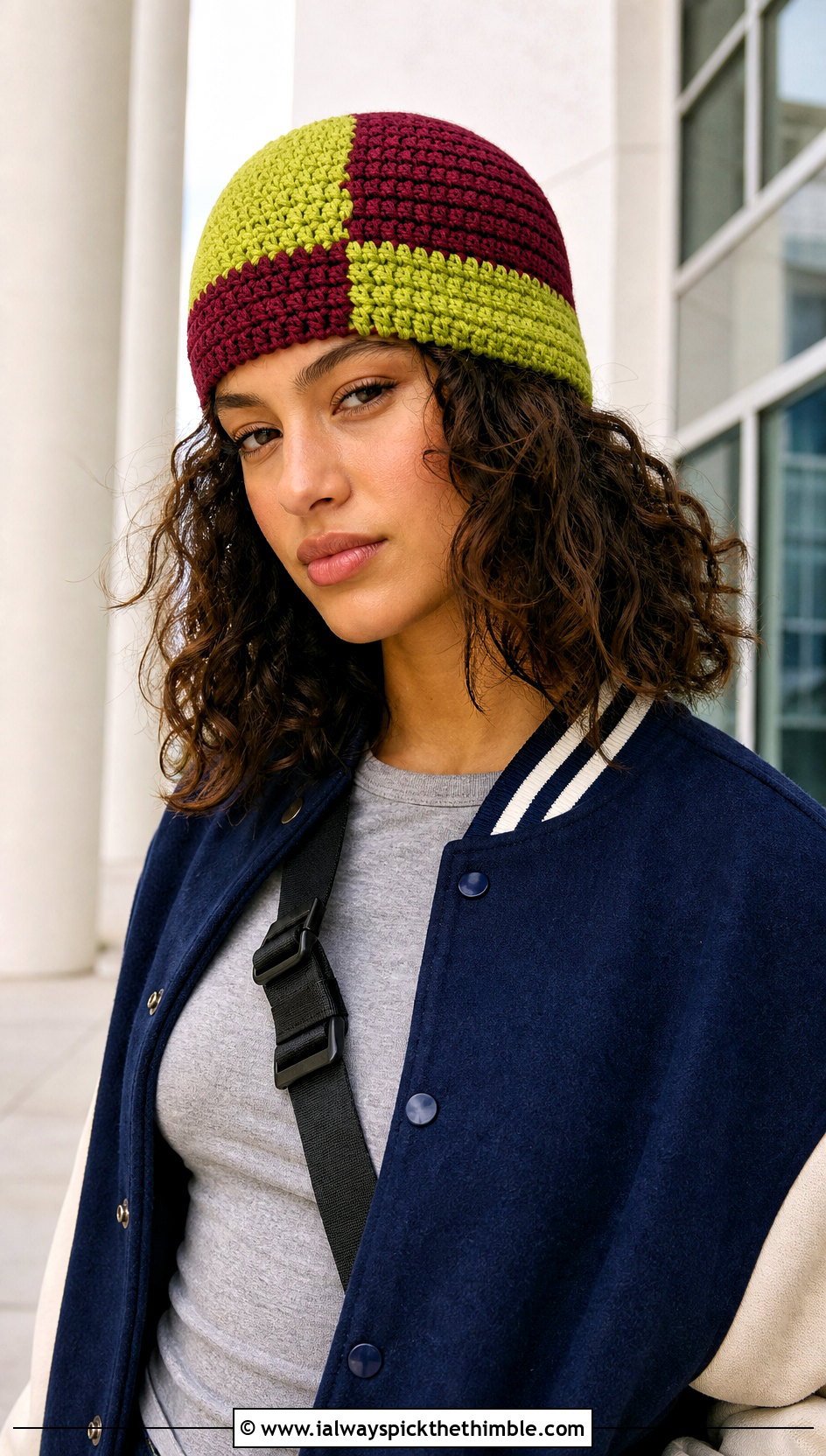 Color Block Short Row Crochet Hat With Varsity Jacket - 20 short row crochet hat outfit ideas