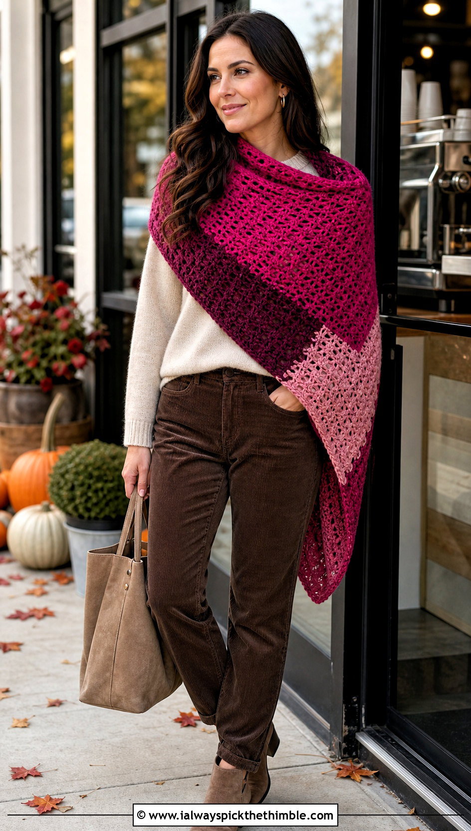 Color Block Sideways Crochet Shawl With Sweater And Corduroy Pants - 20 Sideways Crochet Shawl outfit ideas