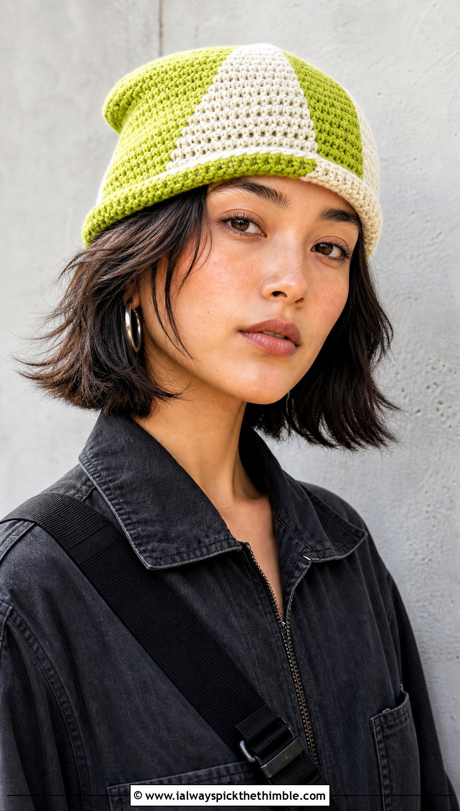 Color Block Single Crochet Beanie With Utility Jumpsuit - 15 Sc Crochet Beanie outfit ideas