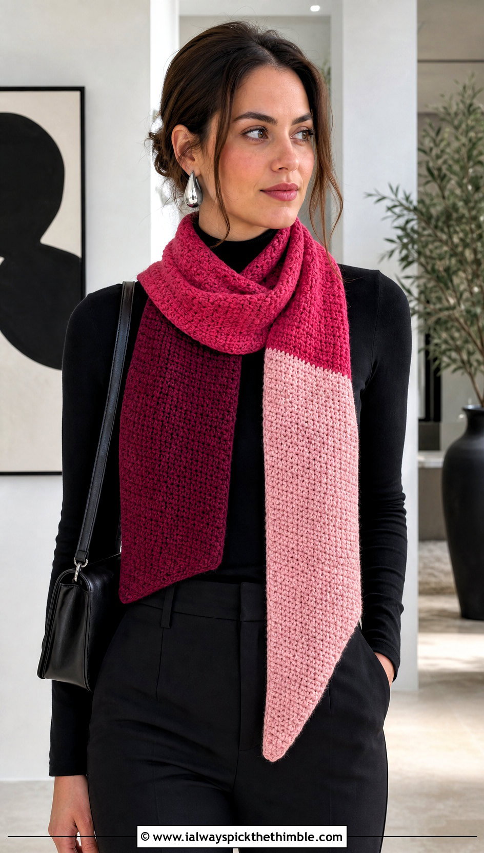 Color Block Single Crochet Scarf With Monochrome Outfit - 20 Single Crochet Scarf outfit ideas