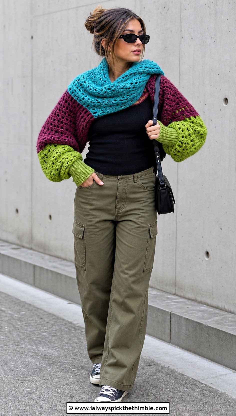 Color Block Sleeve Scarf With Cargo Pants - 20 crochet scarf with arms outfit ideas
