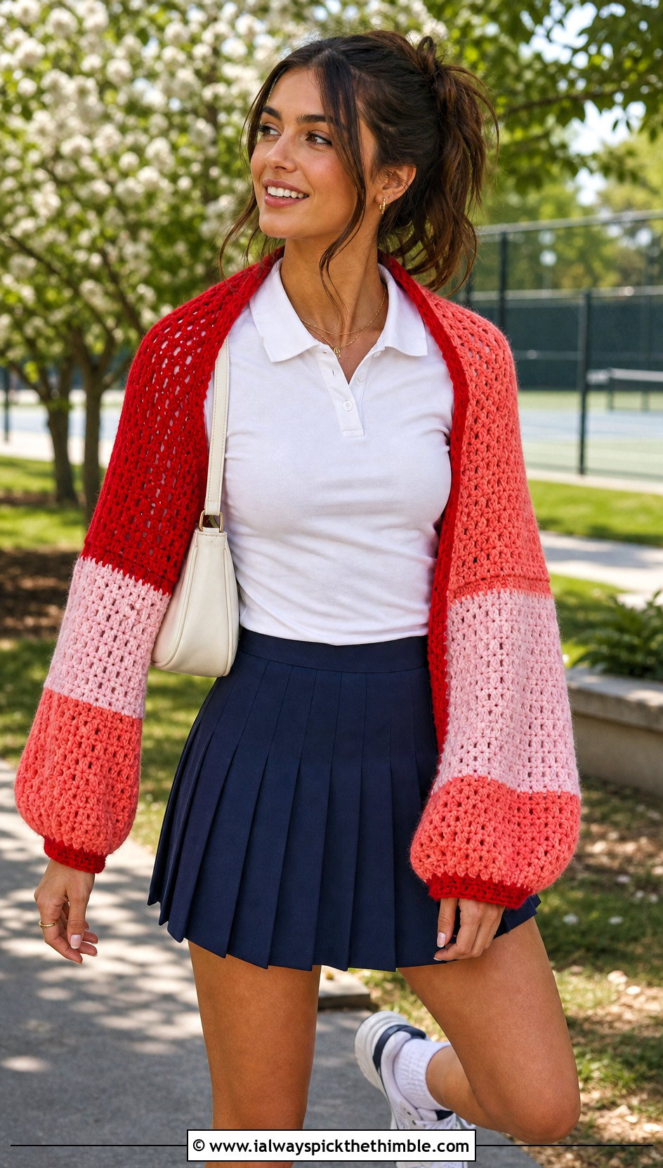 Color Block Sleeved Crochet Scarf With Tennis Skirt - 20 Sleeved Crochet Scarf outfit ideas
