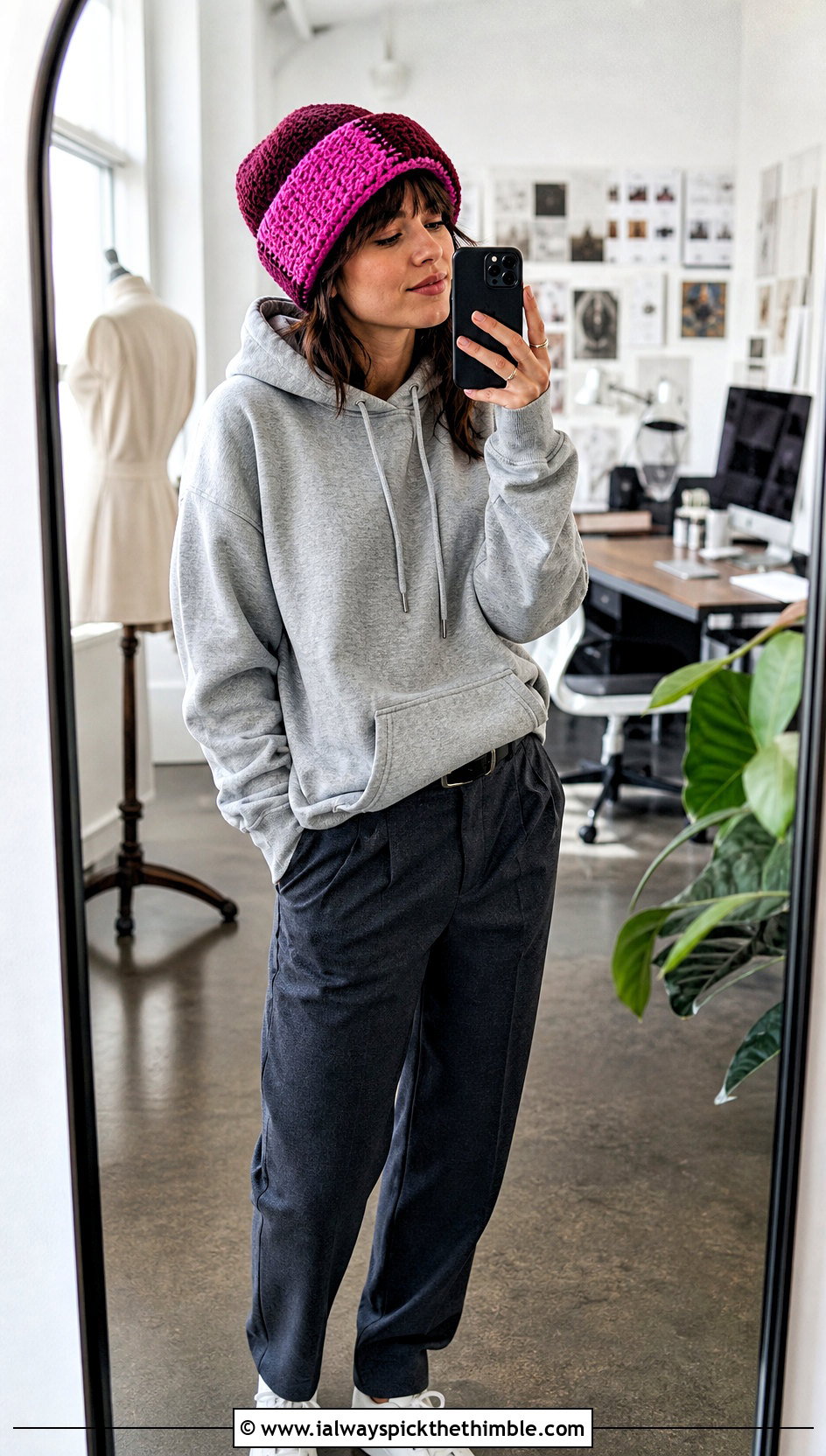 Color Block Slouch Crochet Beanie With Hoodie And Tailored Trousers - 20 slouch crochet hat outfit ideas