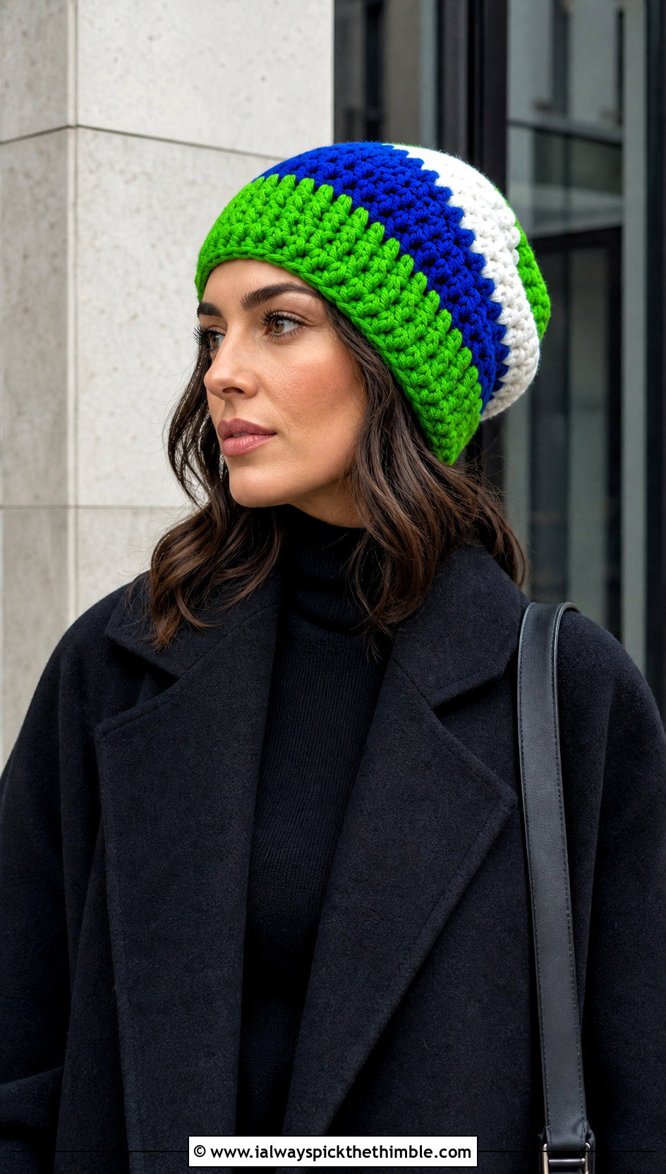 Color Block Slouch Crochet Beanie With Monochrome Outfit - 20 slouch crochet beanie outfit ideas