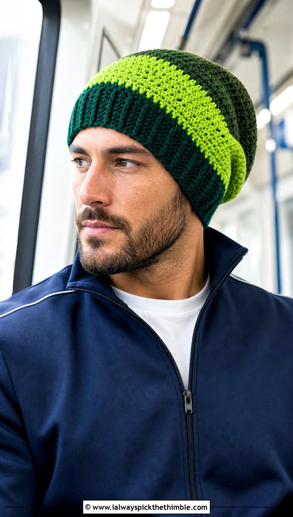 Color Block Slouch Crochet Beanie With Track Jacket - 20 Mens Slouch Crochet Beanie outfit ideas