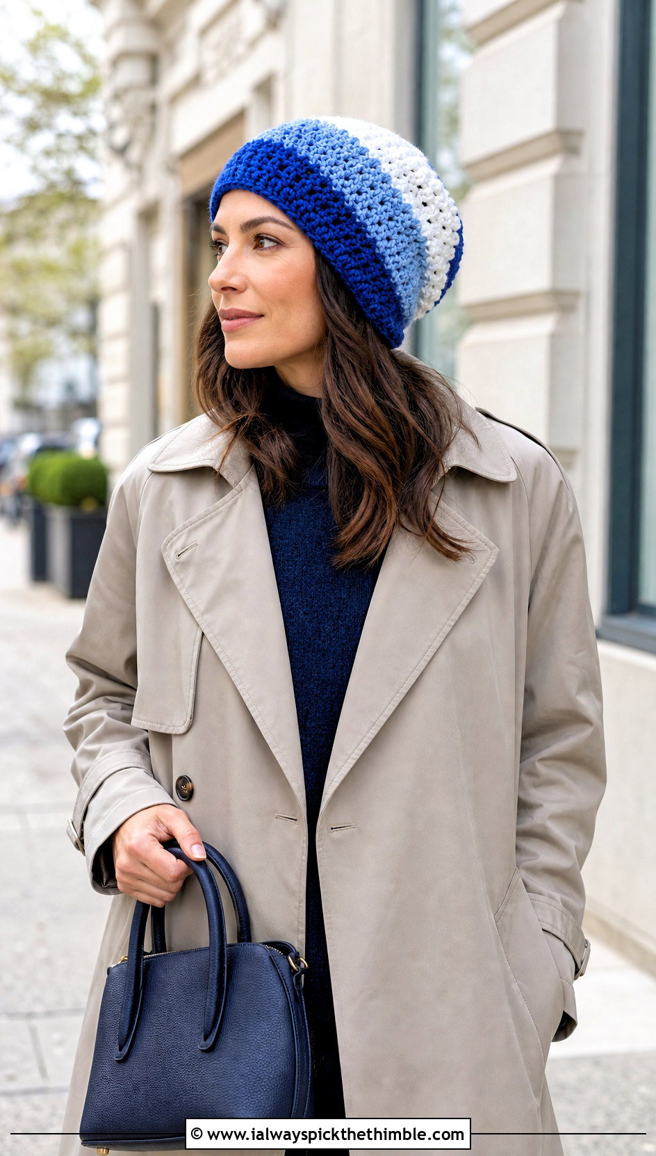 Color Block Slouchy Crochet Beanie With Trench Coat - 25 slouchy crochet beanie outfit ideas