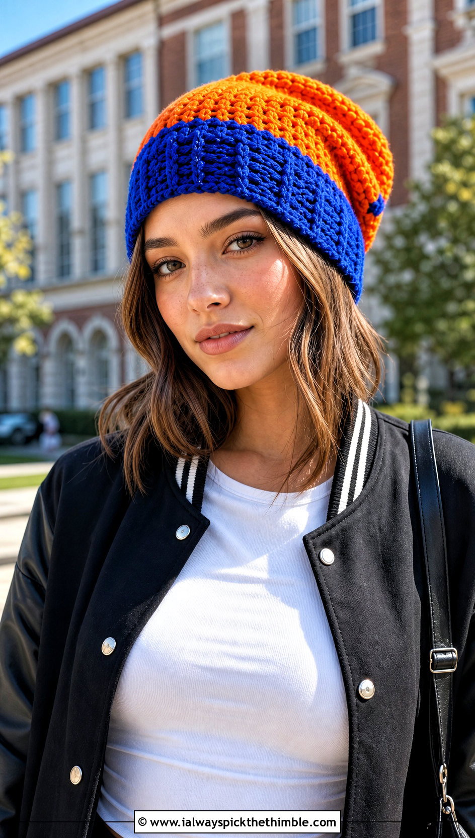 Color Block Slouchy Crochet Beanie With Varsity Jacket - 20 Easy Slouchy Crochet Beanie outfit ideas