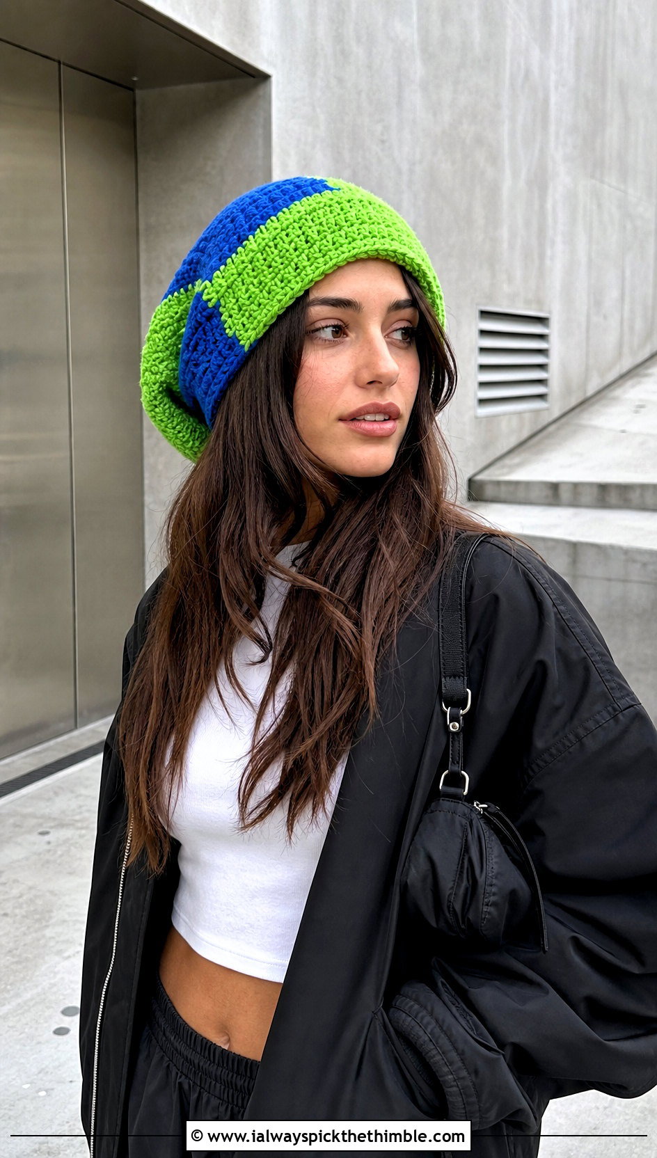 Color Block Slouchy Crochet Hat With Bomber Jacket And Cargo Jeans - 15 Slouchy Crochet Hat outfit ideas