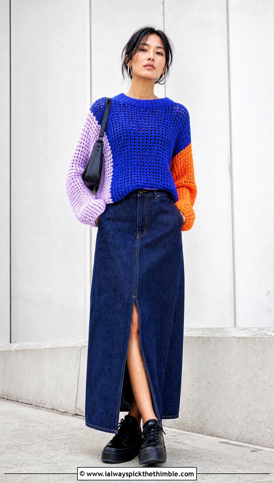 Color Block Soft Crochet Sweater With Denim Maxi Skirt - 15 Soft Crochet Sweater outfit ideas