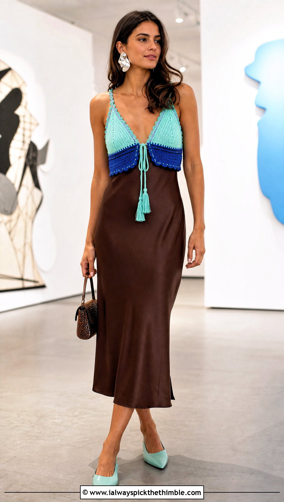 Color Block Sophia Crop Top Over A Slip Dress - 15 Crochet Sophia Crop Top outfit ideas