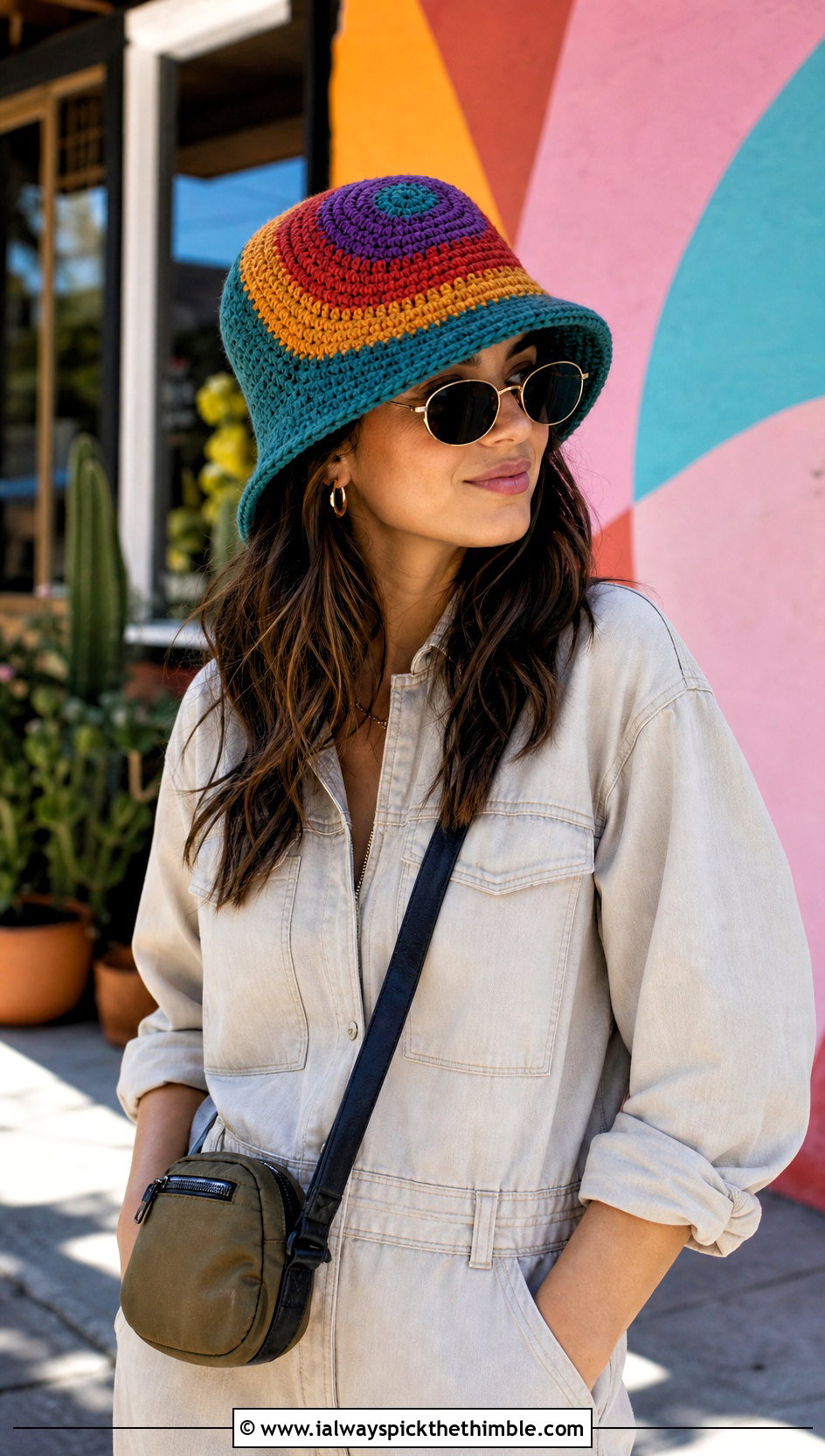 Color Block Spiral Crochet Bucket Hat With Utility Jumpsuit And Sneakers - 20 Spiral Crochet Hat outfit ideas