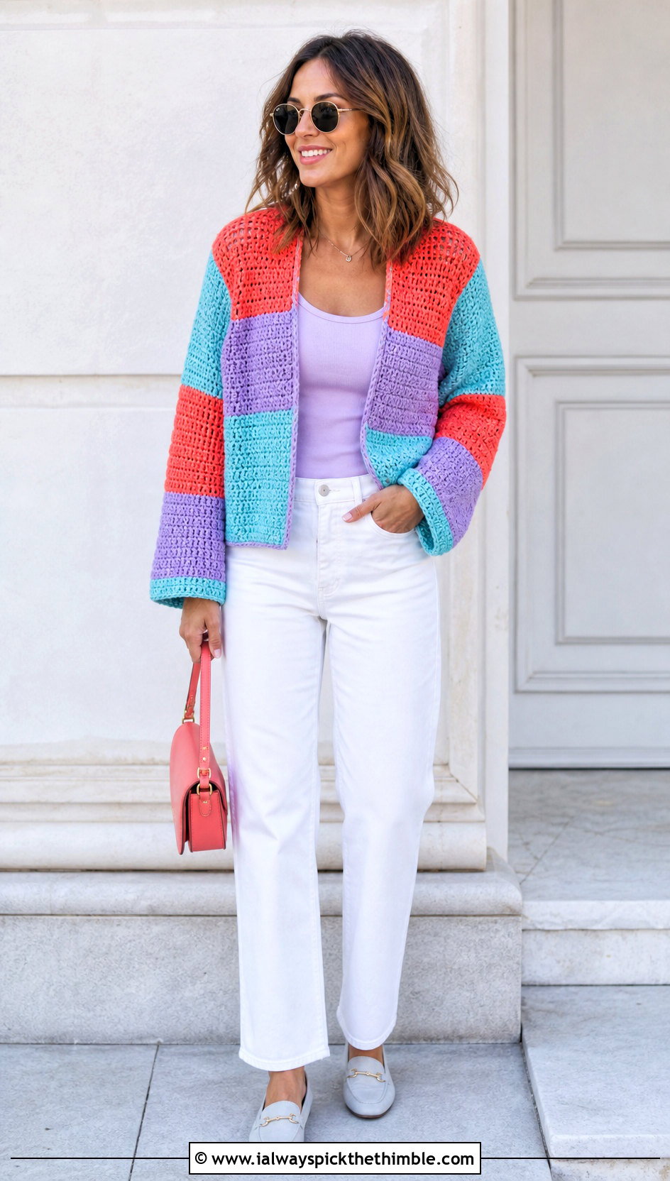 Color Block Square Cardigan With White Jeans - 20 Crochet Cardigan From Square outfit ideas