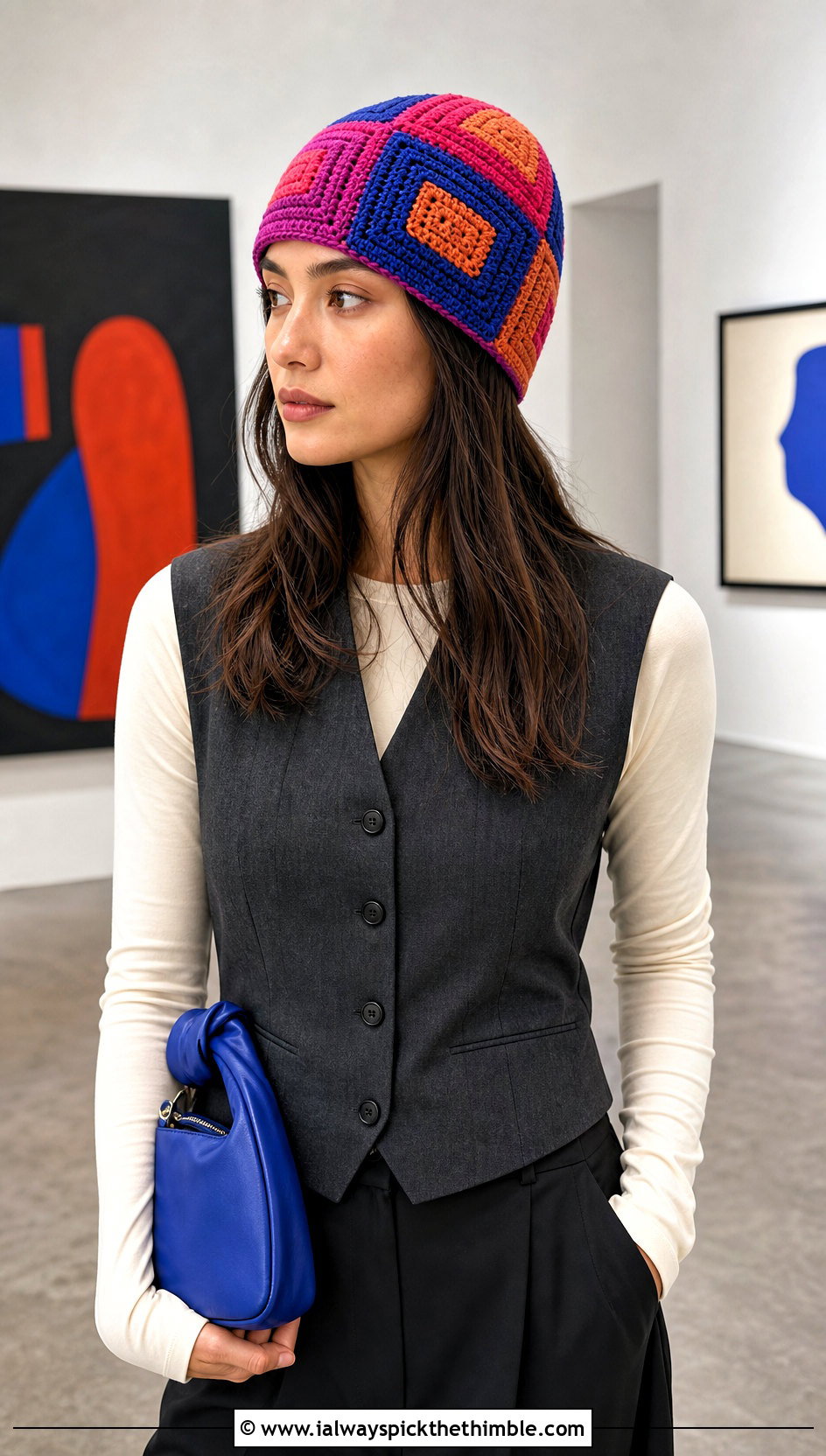 Color Block Square Crochet Beanie With Vest And Tailored Pants - 20 square crochet beanie outfit ideas