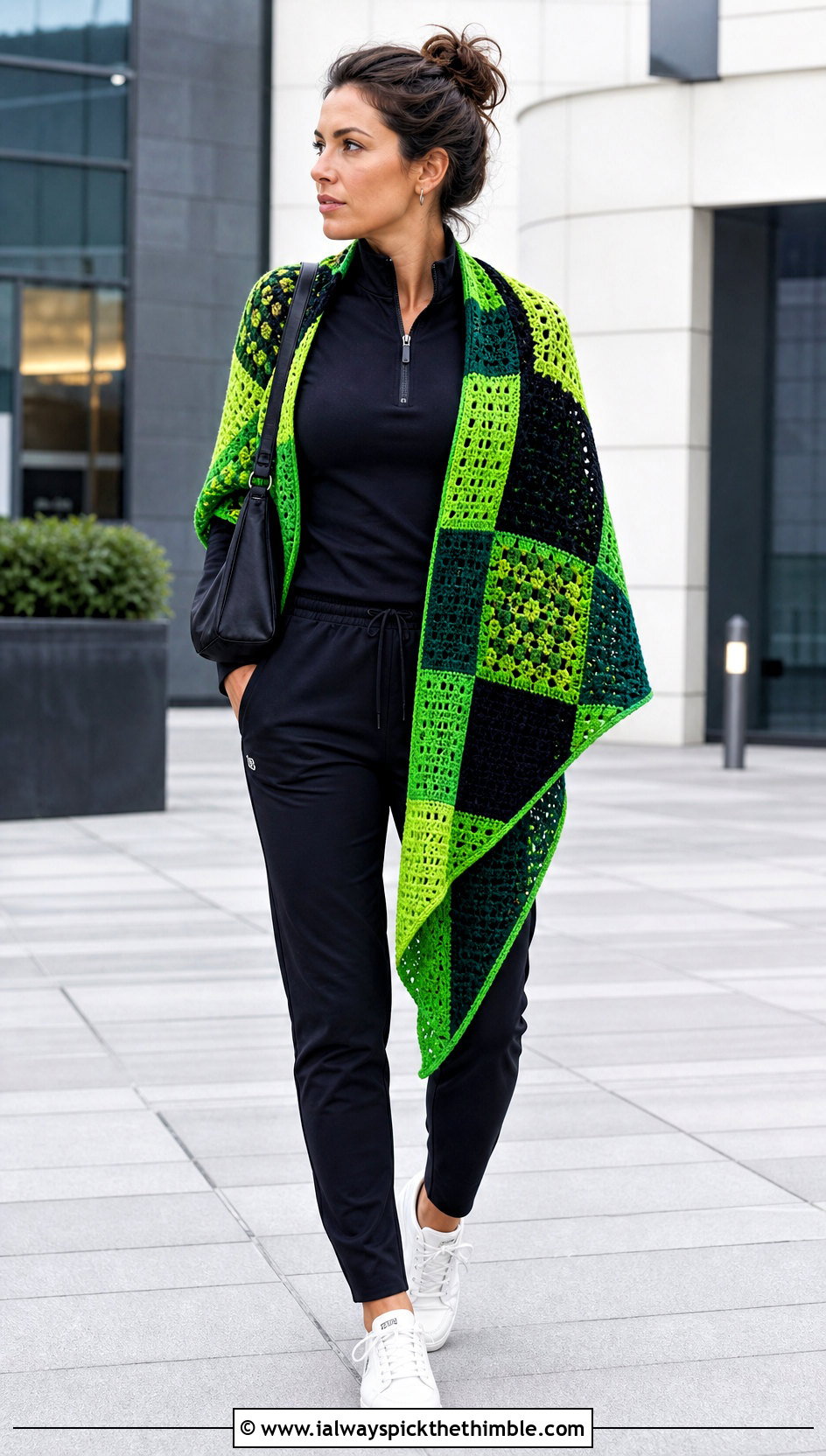 Color Block Square Crochet Shawl With Track Pants - 20 Square Crochet Shawl outfit ideas