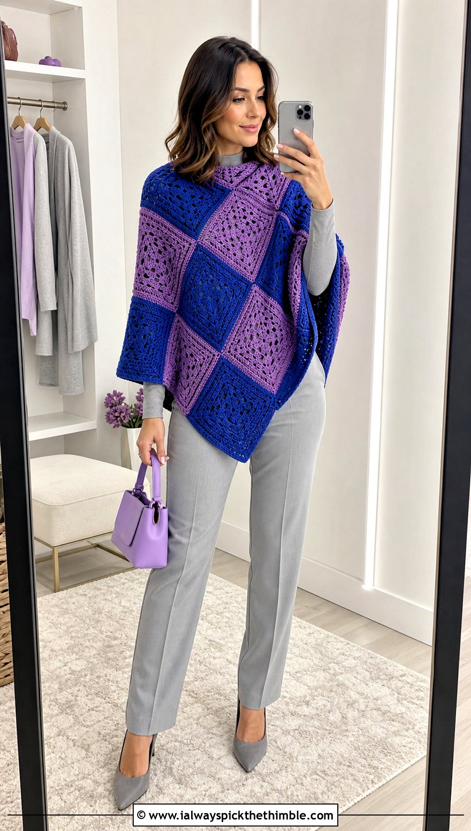 Color Block Square Poncho With Monochrome Outfit - 20 crochet square poncho outfit ideas