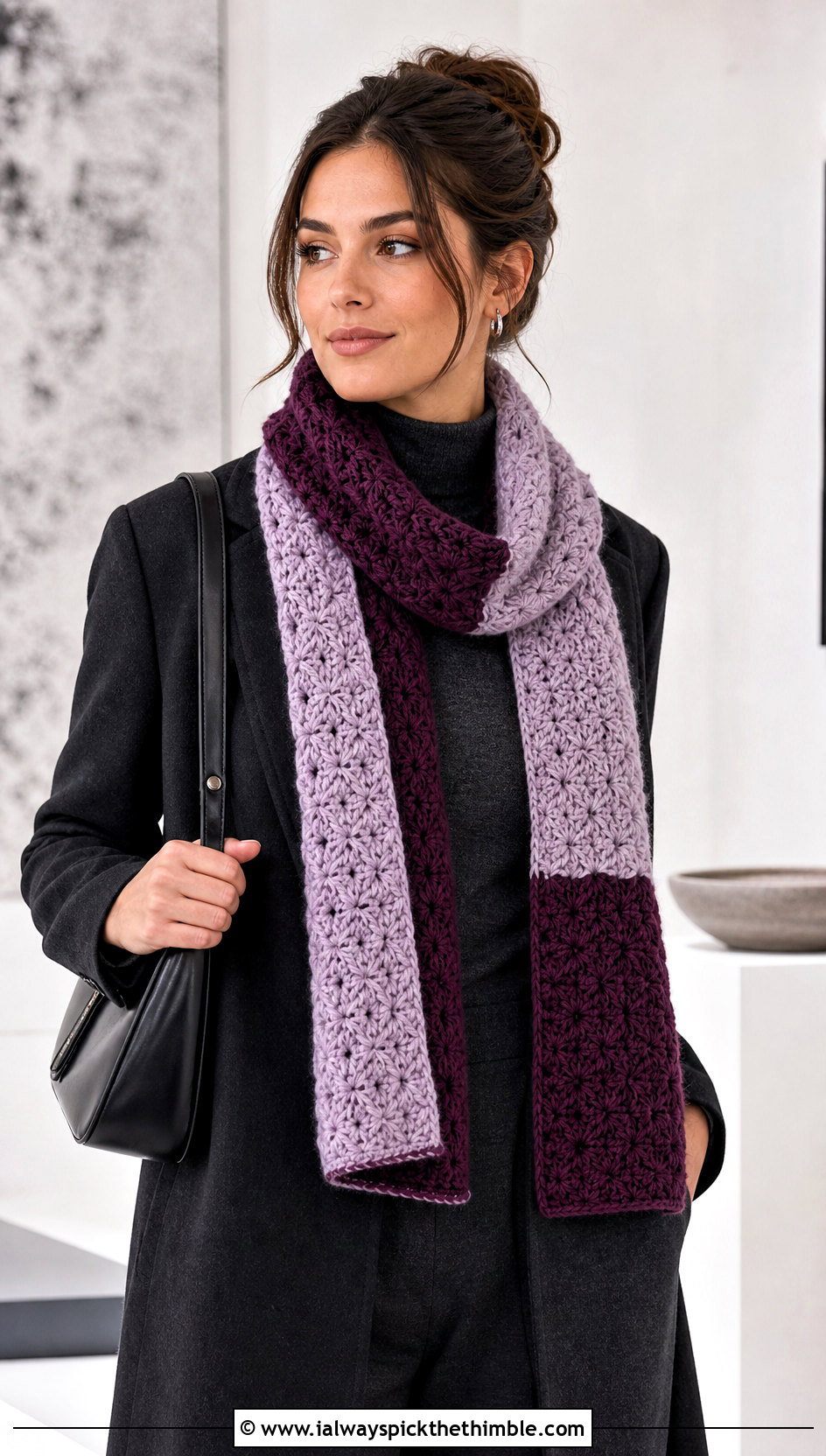 Color Block Star Stitch Scarf With Monochrome Outfit - 20 Crochet Star Stitch Scarf outfit ideas