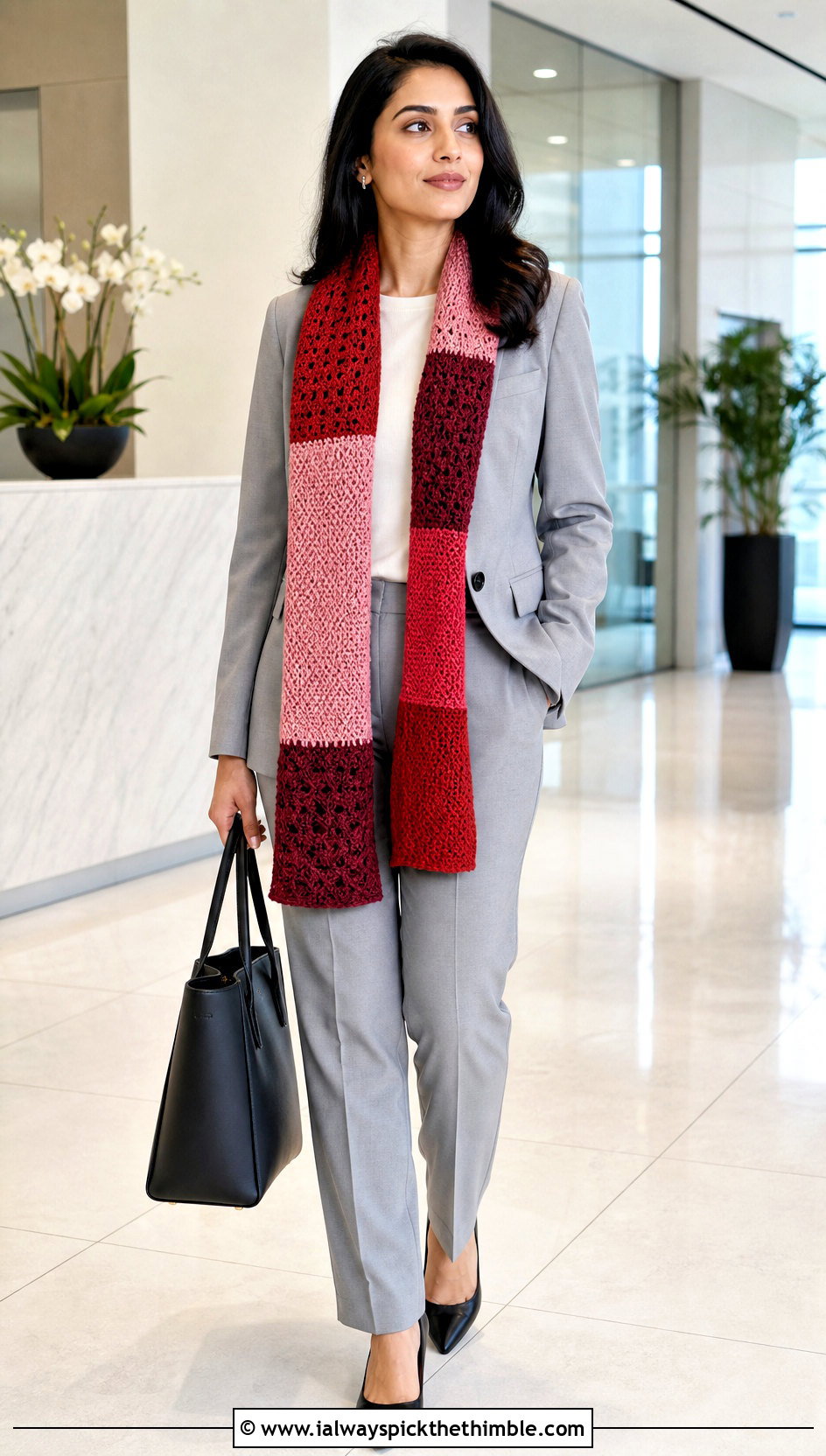 Color Block Stitch Sampler Scarf With Trouser Suit - 20 Crochet Stitch Sampler Scarf outfit ideas