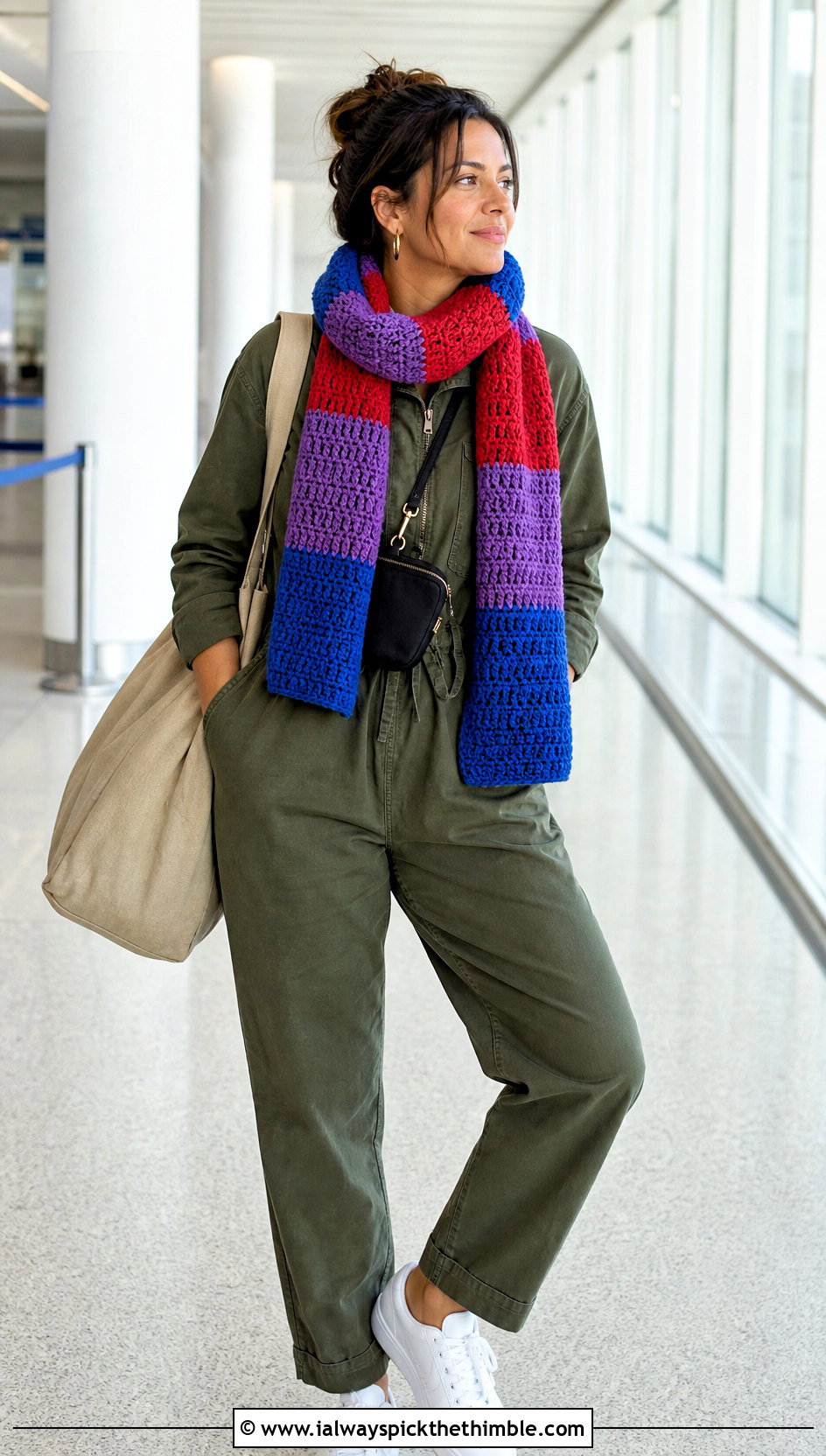 Color Block Stripe Crochet Scarf With Jumpsuit - 20 Stripe Crochet Scarf outfit ideas