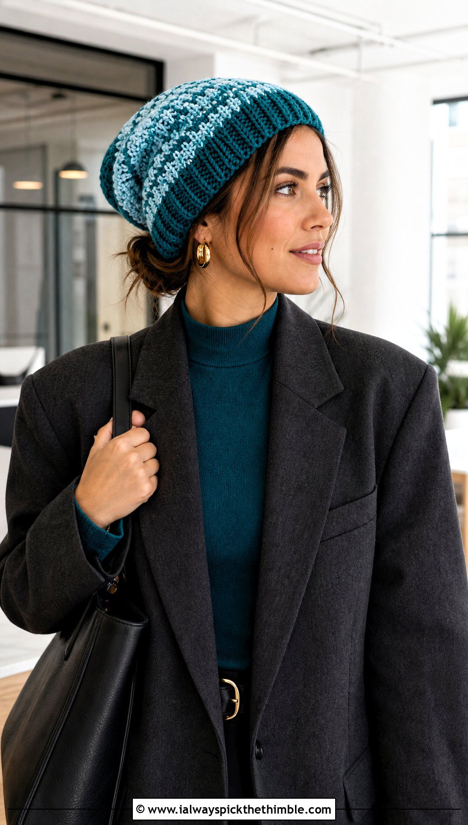 Color Block Stripe Slouchy Crochet Beanie With Blazer And Trousers - 15 Striped Slouchy Crochet Beanie outfit ideas