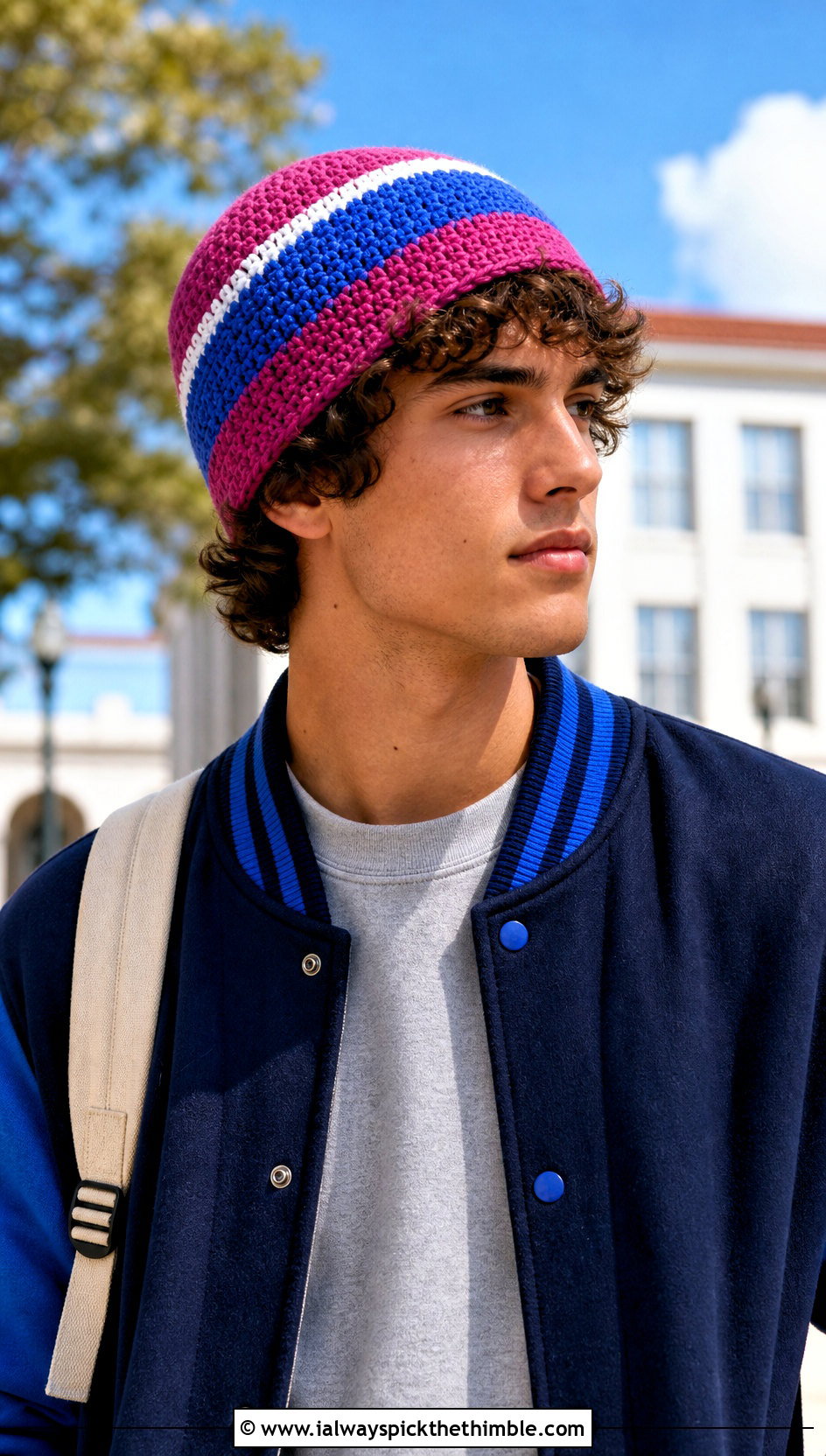 Color Block Striped Crochet Beanie With Varsity Jacket - 15 mens striped crochet beanie outfit ideas