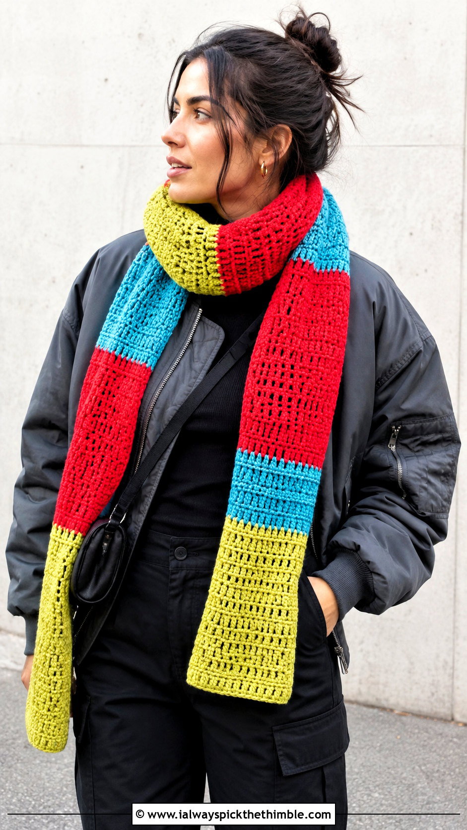 Color Block Striped Crochet Scarf With Bomber Jacket - 20 striped crochet scarf outfit ideas