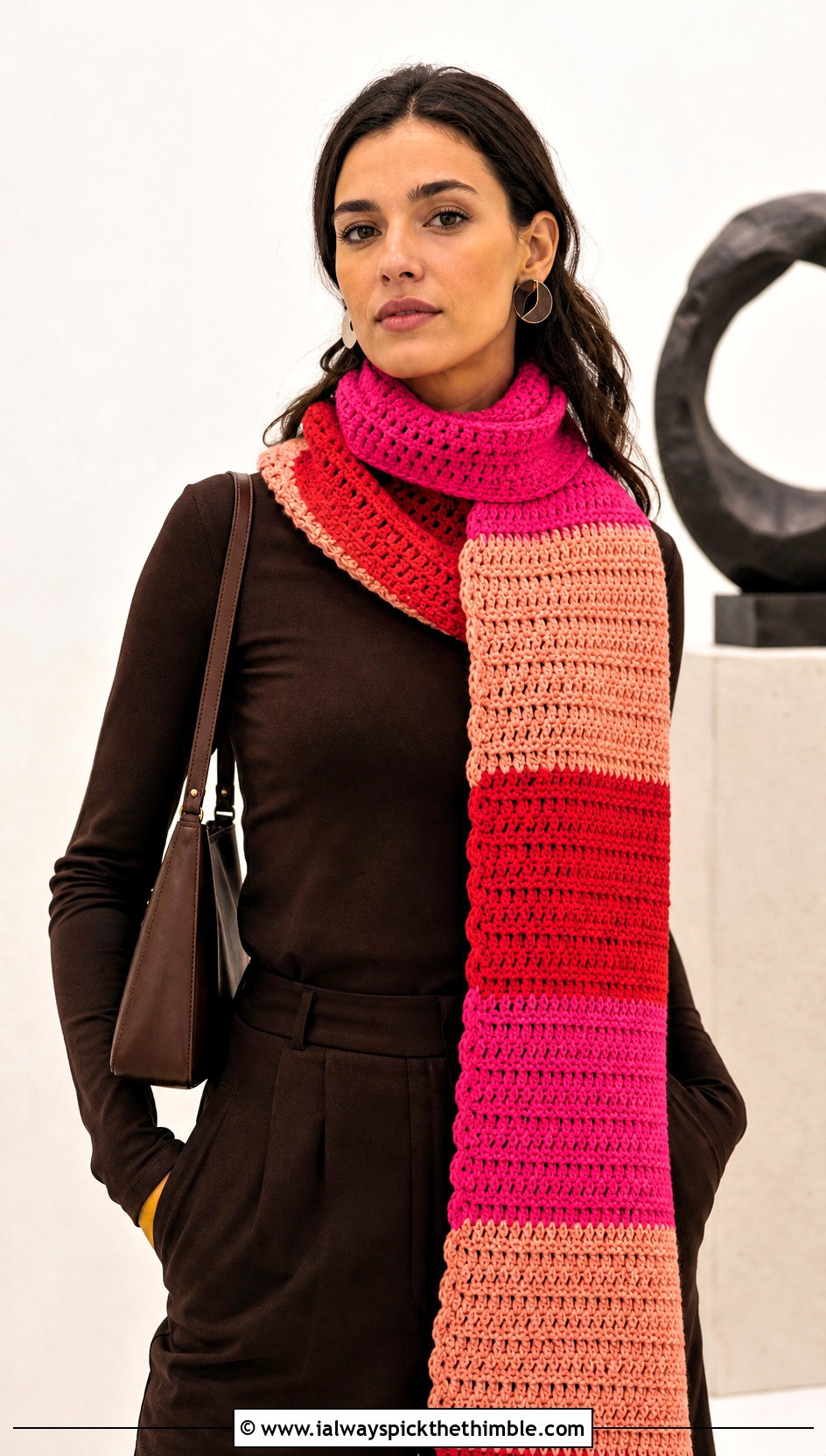 Color Block Striped Crochet Scarf With Monochrome Outfit - 20 crochet striped scarf outfit ideas