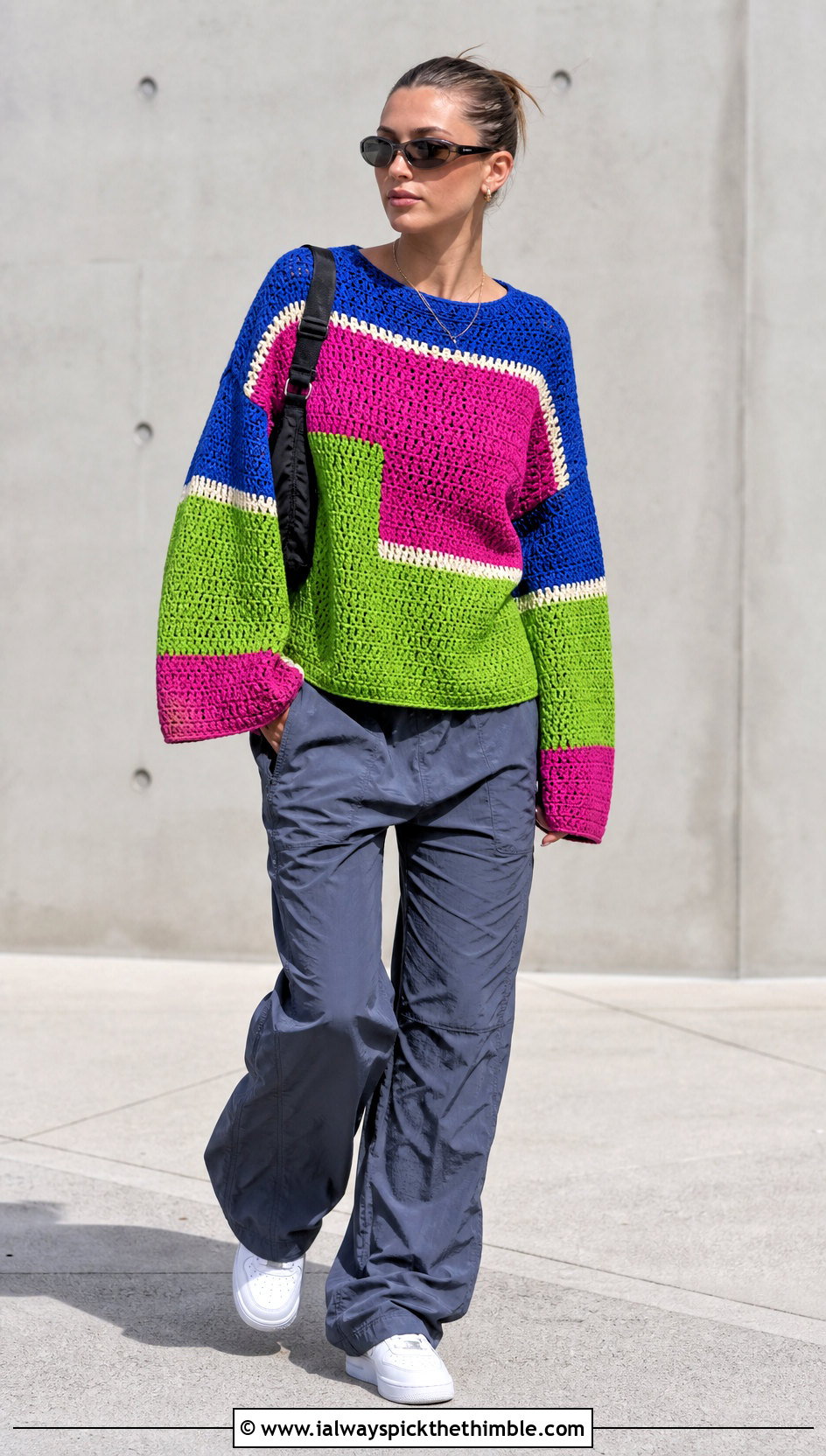 Color Block Striped Crochet Sweater With Parachute Pants - 20 striped crochet sweater outfit ideas