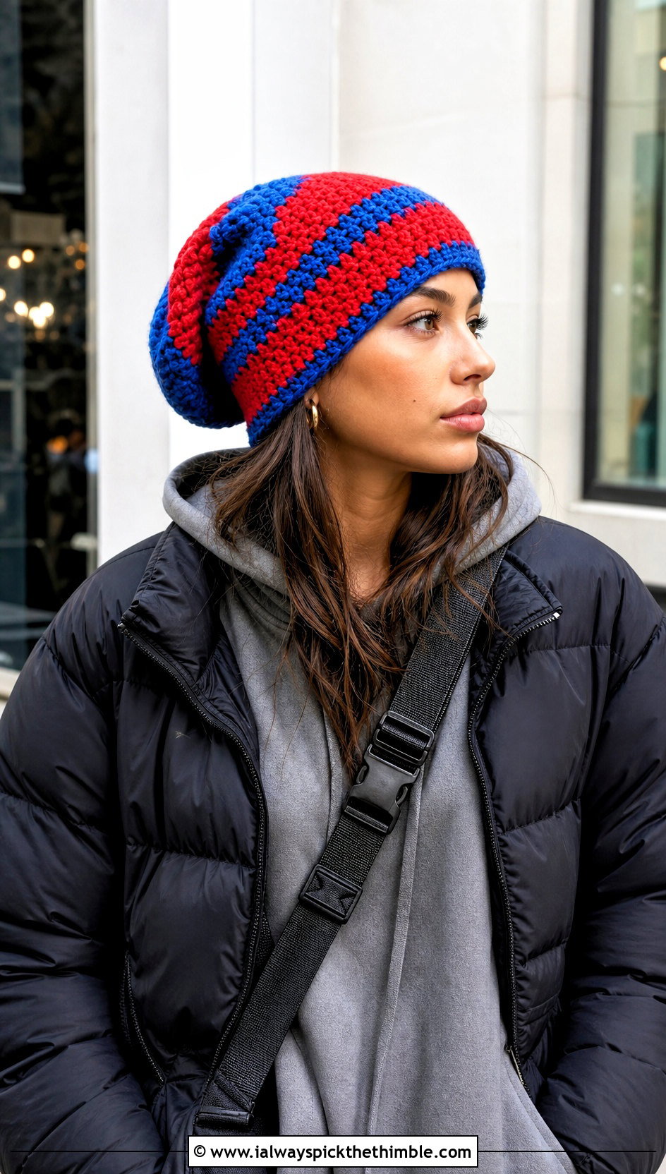 Color Block Striped Slouchy Crochet Beanie With Hoodie And Cargo Pants - 15 Crochet Striped Beanies outfit ideas