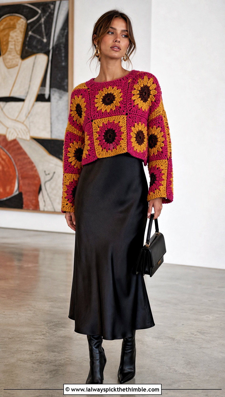 Color Block Sunflower Granny Square Pullover Sweater Over Slip Dress - 15 Sunflower Granny Square Pullover Sweater outfit ideas